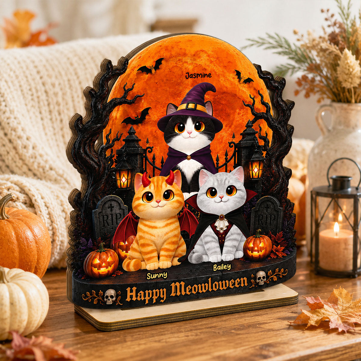 Spooky Halloween Cats Under Moonlight - Personalized 2-Layered Wooden Plaque - Halloween Decor For Cat Lovers