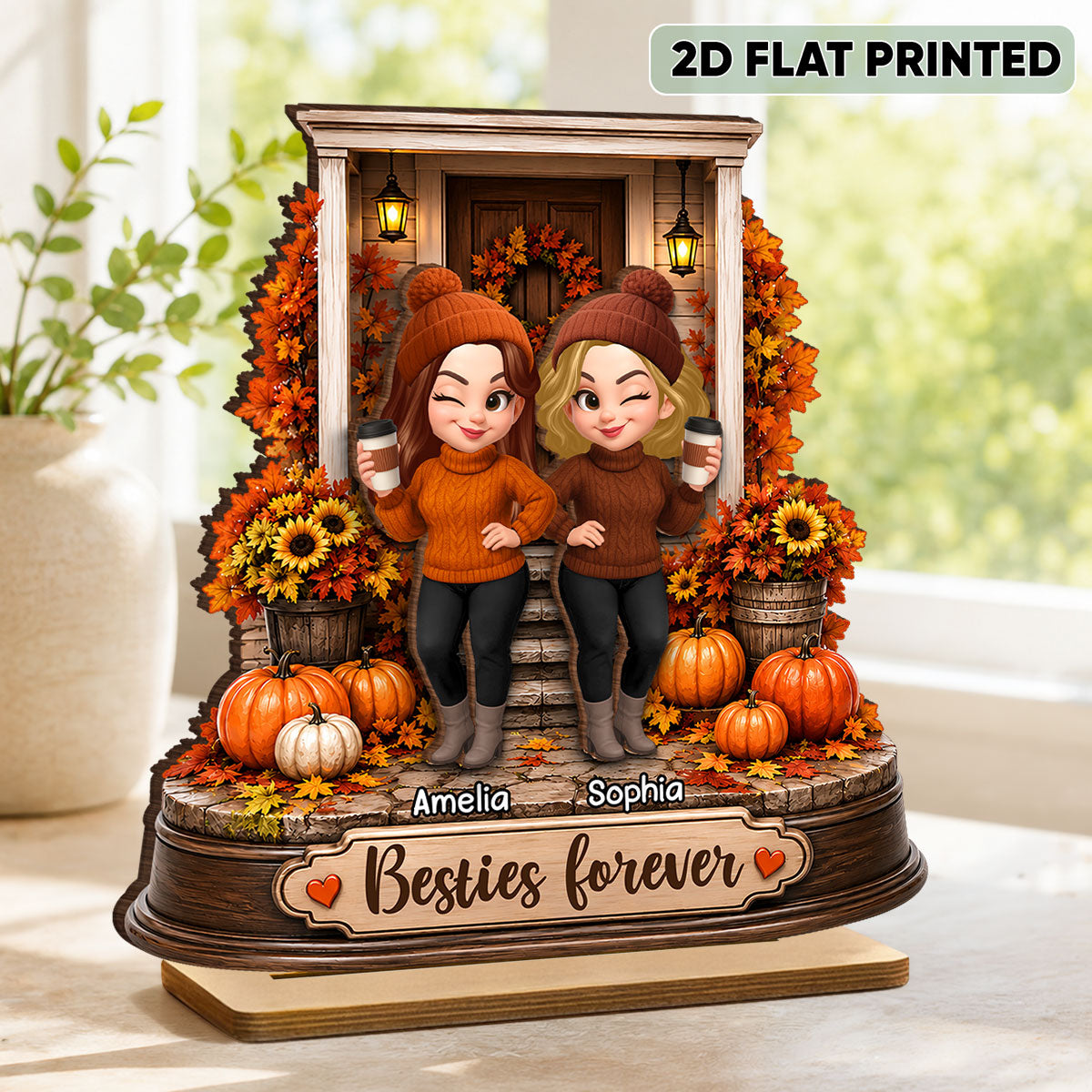 Besties Forever Front Porch Memories - Personalized 2-Layered Wooden Plaque - Fall Season Gift For Besties