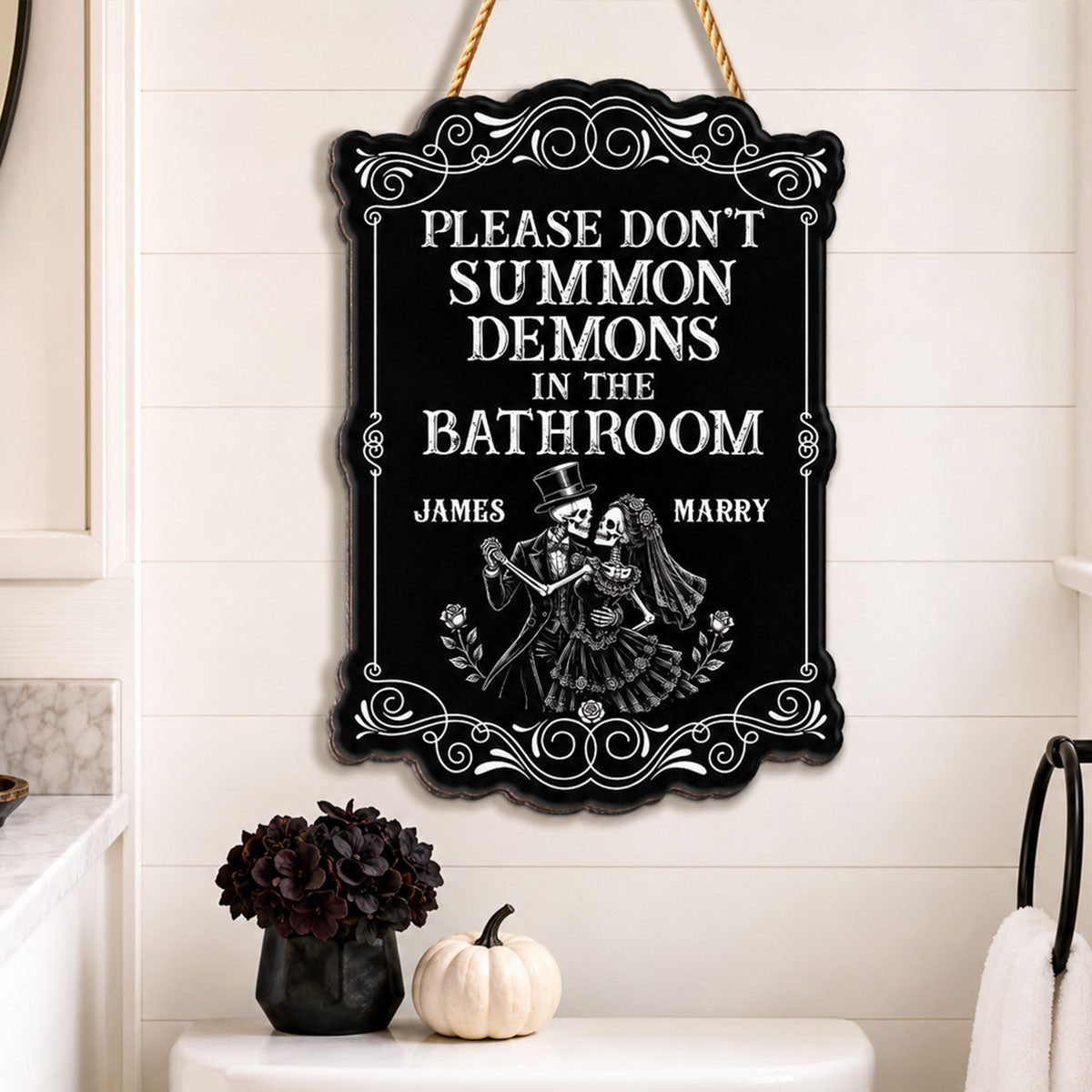 Gothic Couple Please Don't Summon Demons - Personalized Wood Sign - Funny Halloween Gothic Bathroom Decor For Couple