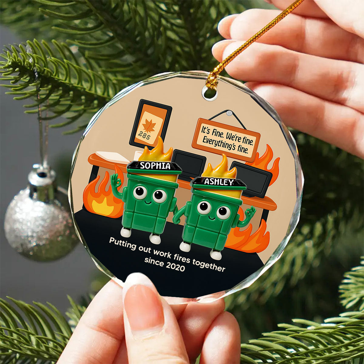 3D Effect Dumpster Fires In Office Scene - Personalized Glass Ornament - Funny Gift For Colleagues, Work Besties