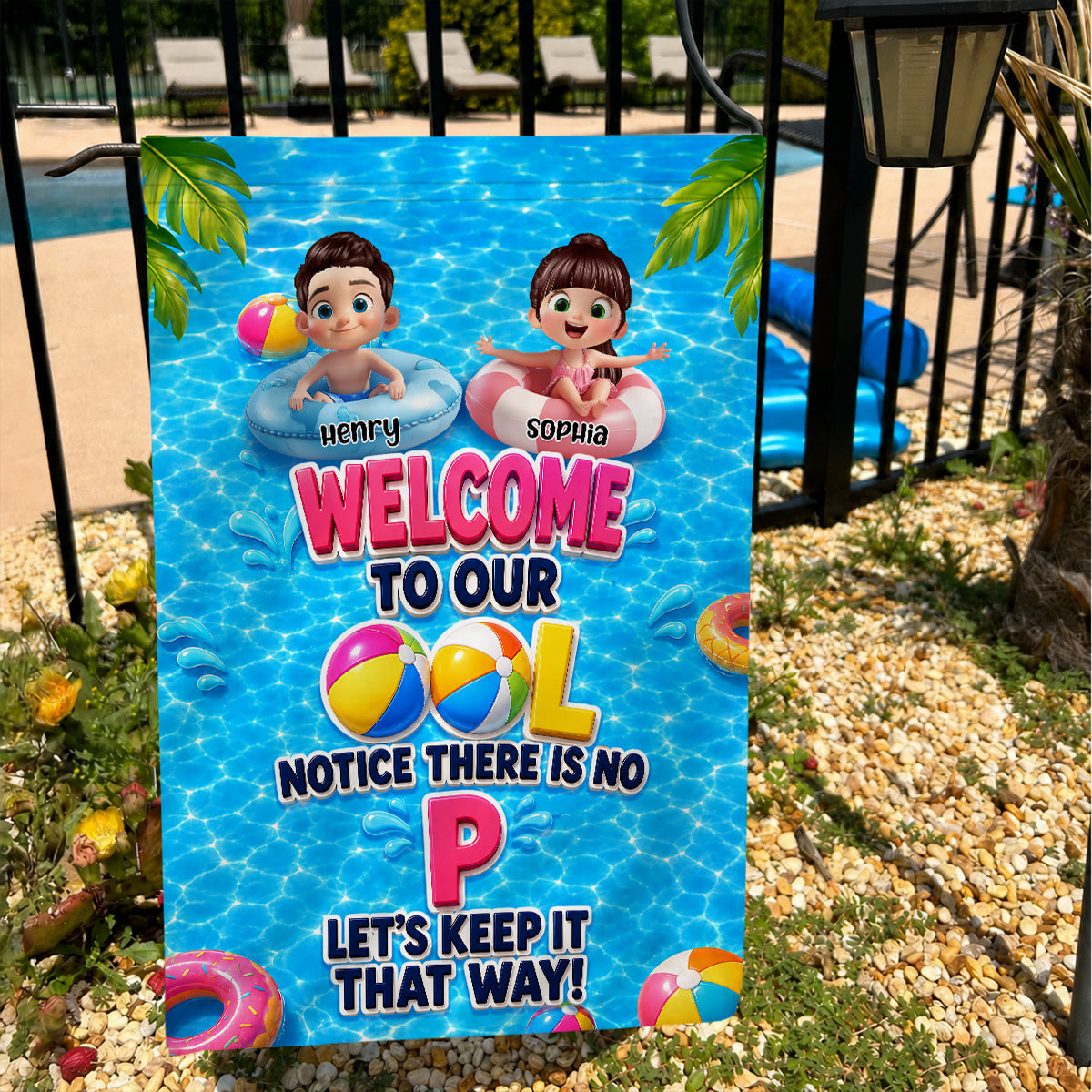 Notice There Is No "P" In The Pool - Personalized Garden Flag - Gift For Kids, Grandparents, Summer Decorations