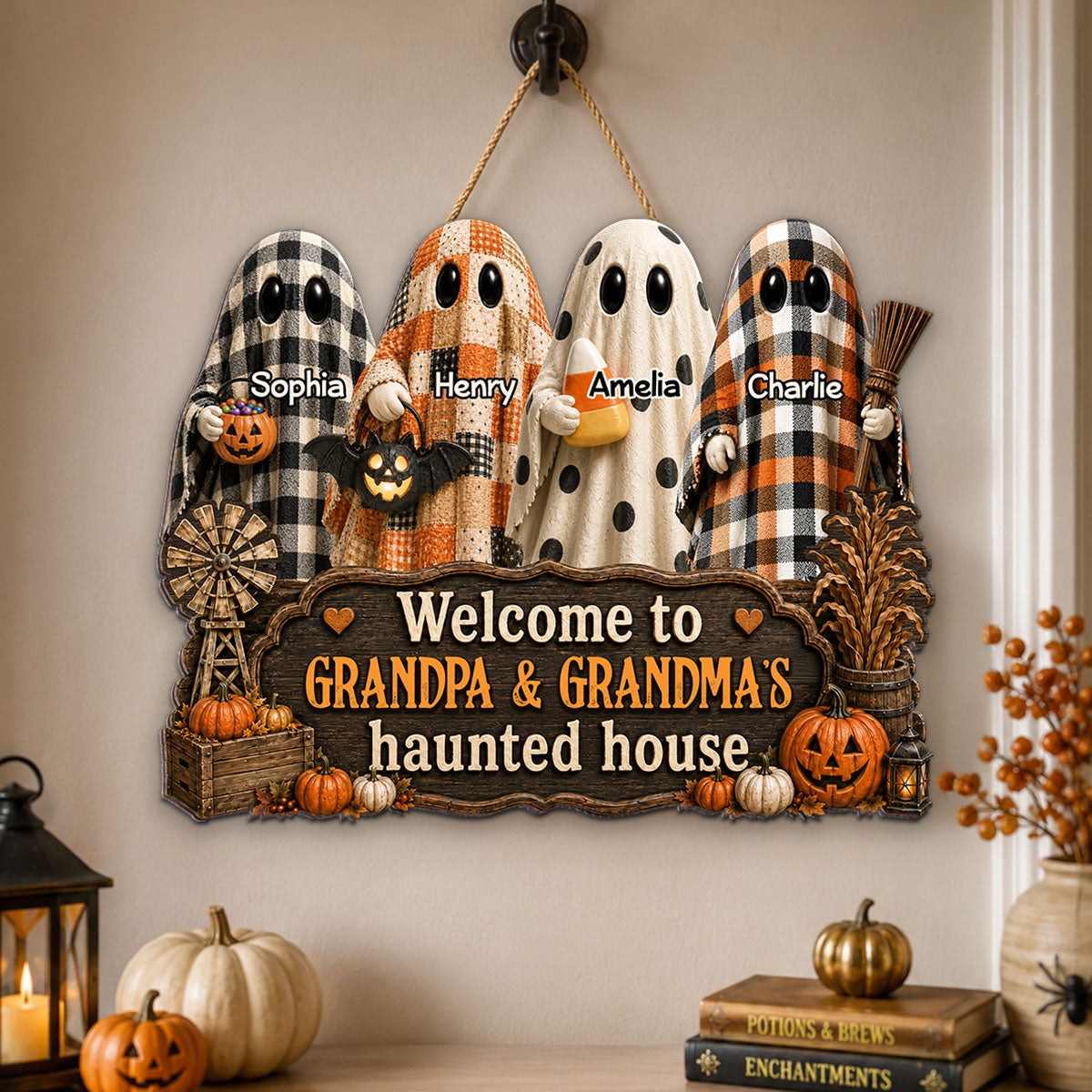 Halloween Farmhouse Style Welcome To Grandma Grandpa Haunted House - Personalized Wood Sign - Halloween Decoration For Grandparents