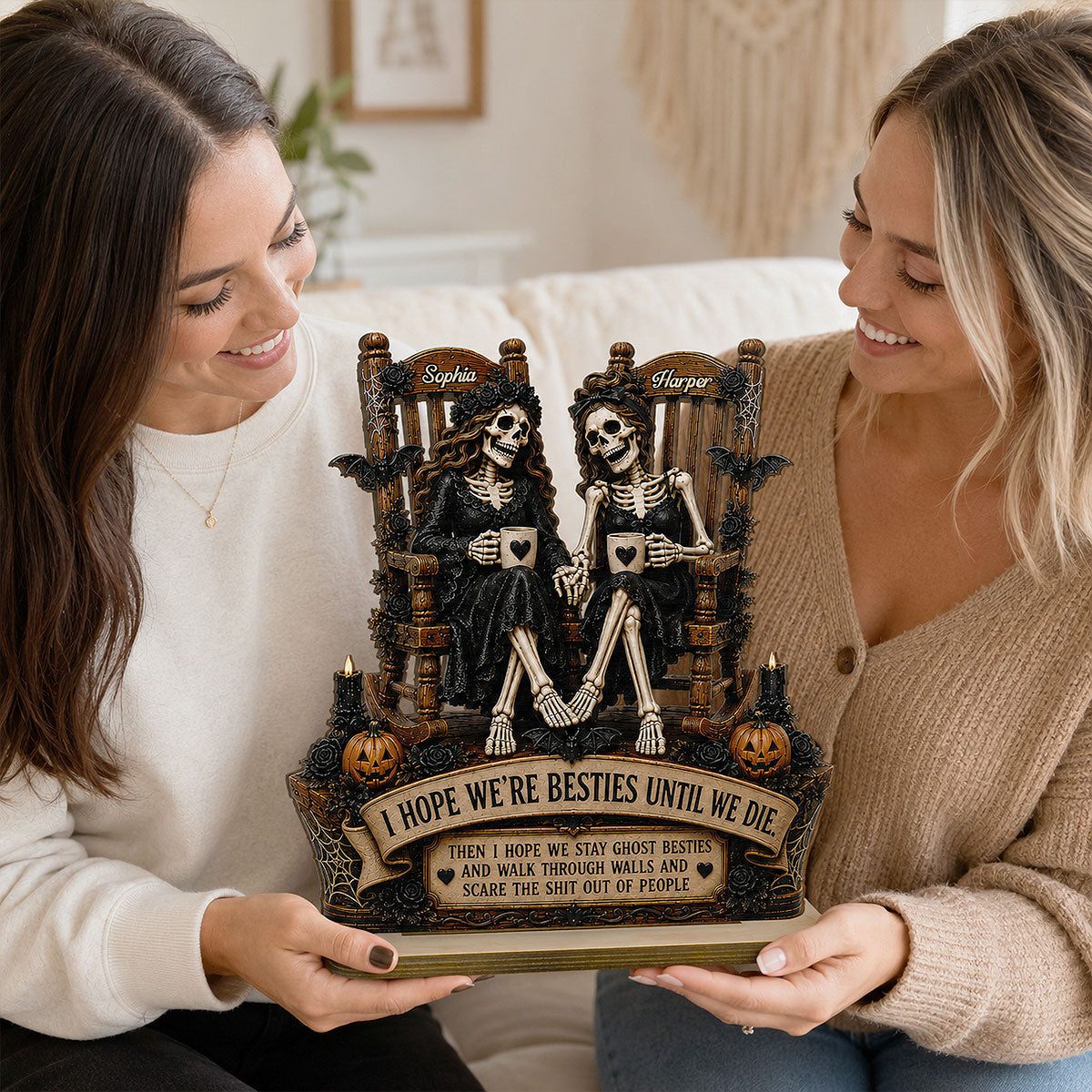 Skeleton Besties Until We Die 2D Flat - Personalized 2-Layered Wooden Plaque - Funny Work Bestie Gift, Halloween Keepsake For Best Friends