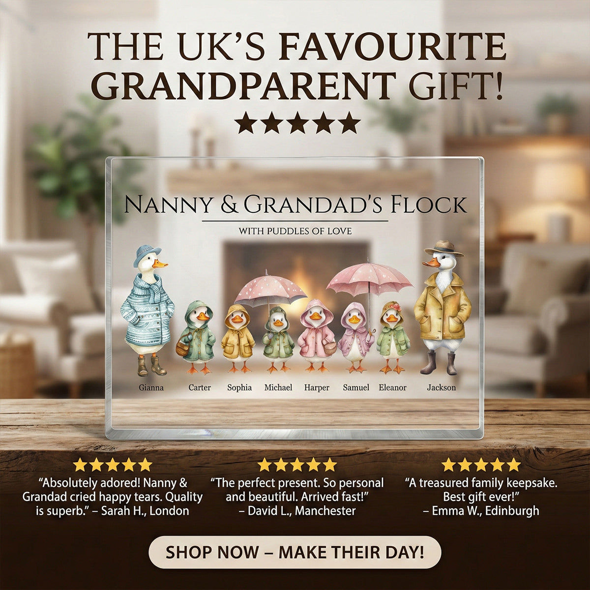 Grandparents Grandma Grandad's Flock Cute Watercolor Ducks - Personalised Acrylic Block Plaque