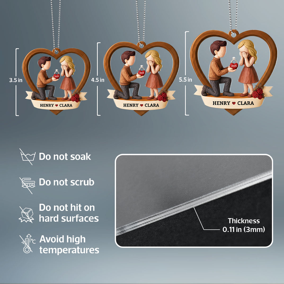 Couple Marriage Proposal 3D Wooden Effect - Personalized Acrylic Car Hanger - Newly Engaged Gift, "She Said Yes!"