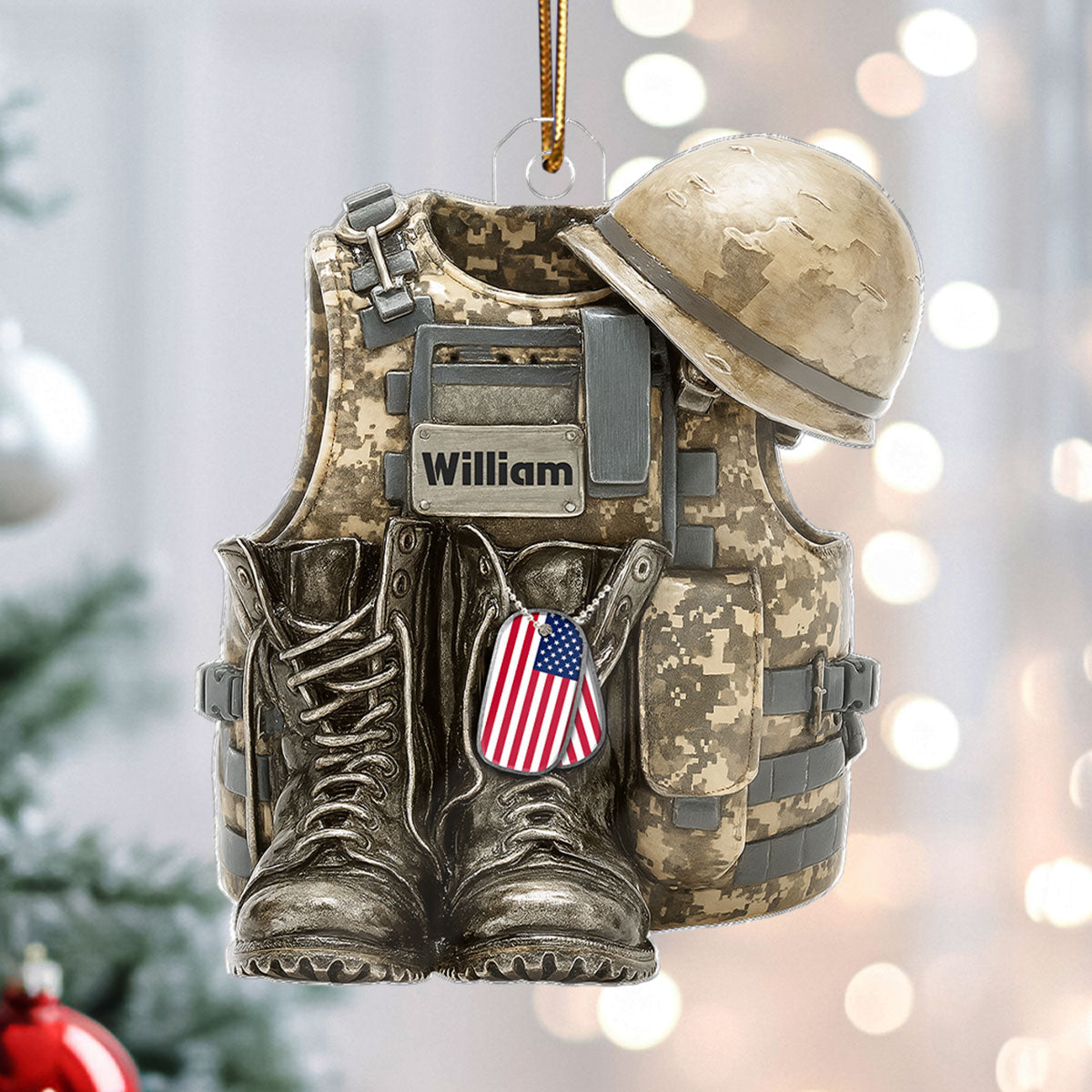 3D Effect Military Combat Vest, Boots And Helmet - Personalized Acrylic Ornament
