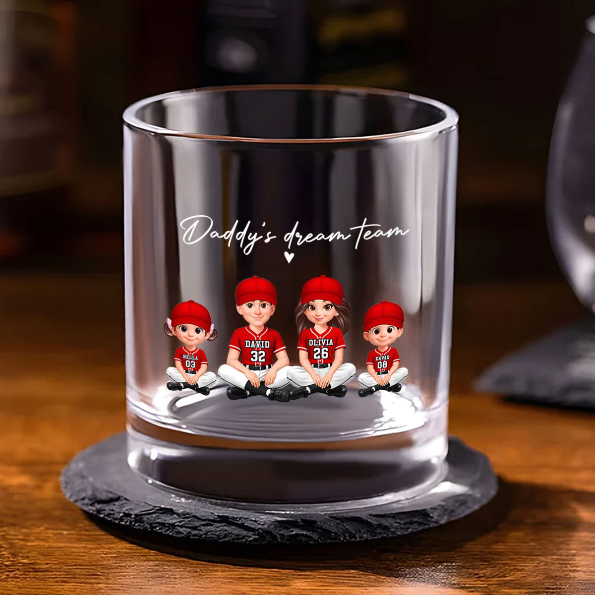 Daddy's Dream Team Baseball - Personalized Whiskey Glass - Father's Day Gift For Dad