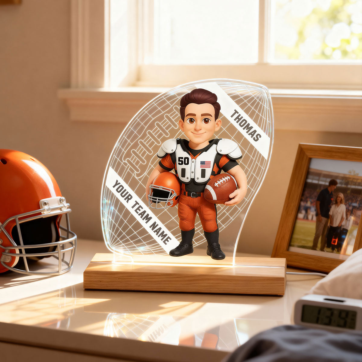 American Football 3D Illusion With Name - Personalize LED Night Light - Gift For Grandson, Son, American Football Lover