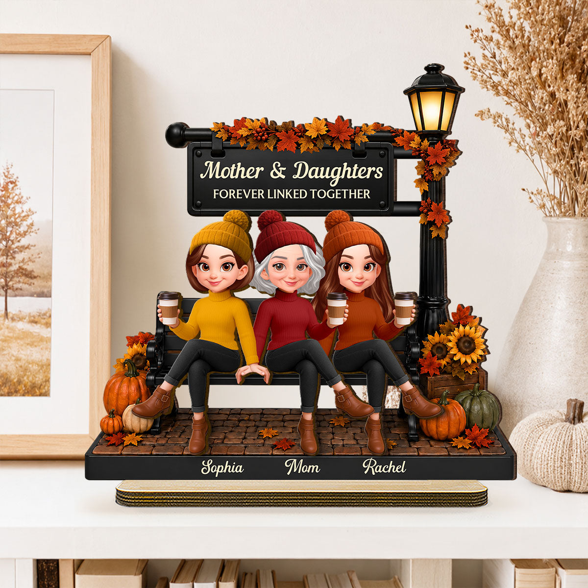 Fall Season Lamp Post Mom And Daughters - Personalized 2-Layered Wooden Plaque - Fall Gift For Mom, Daughters