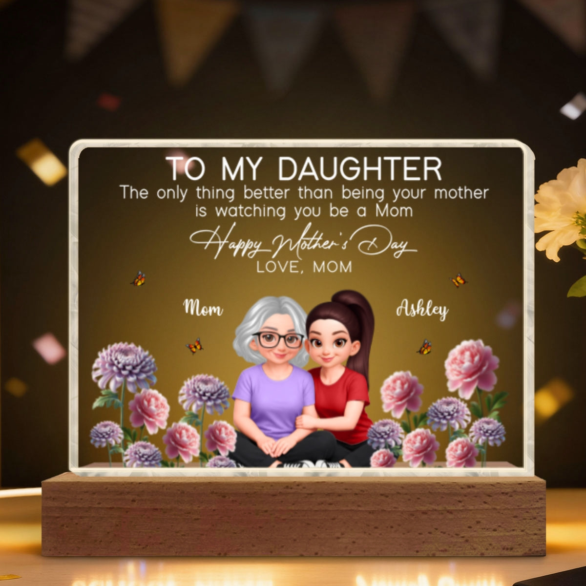 To My Daughter Happy Mother's Day Custom Birth Month Flower - Personalized Acrylic Block LED Plaque - Mother's Day Gift For Daughter