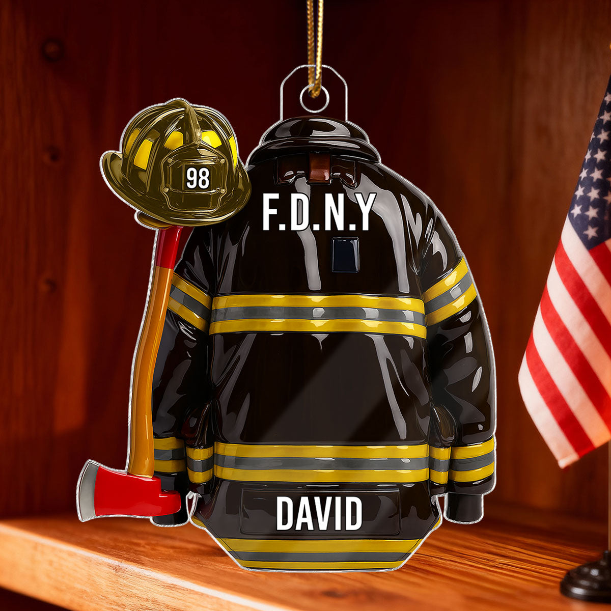 3D Effect Firefighter Coat, Helmet & Axe - Personalized Acrylic Ornament - Christmas Gift For Firefighter