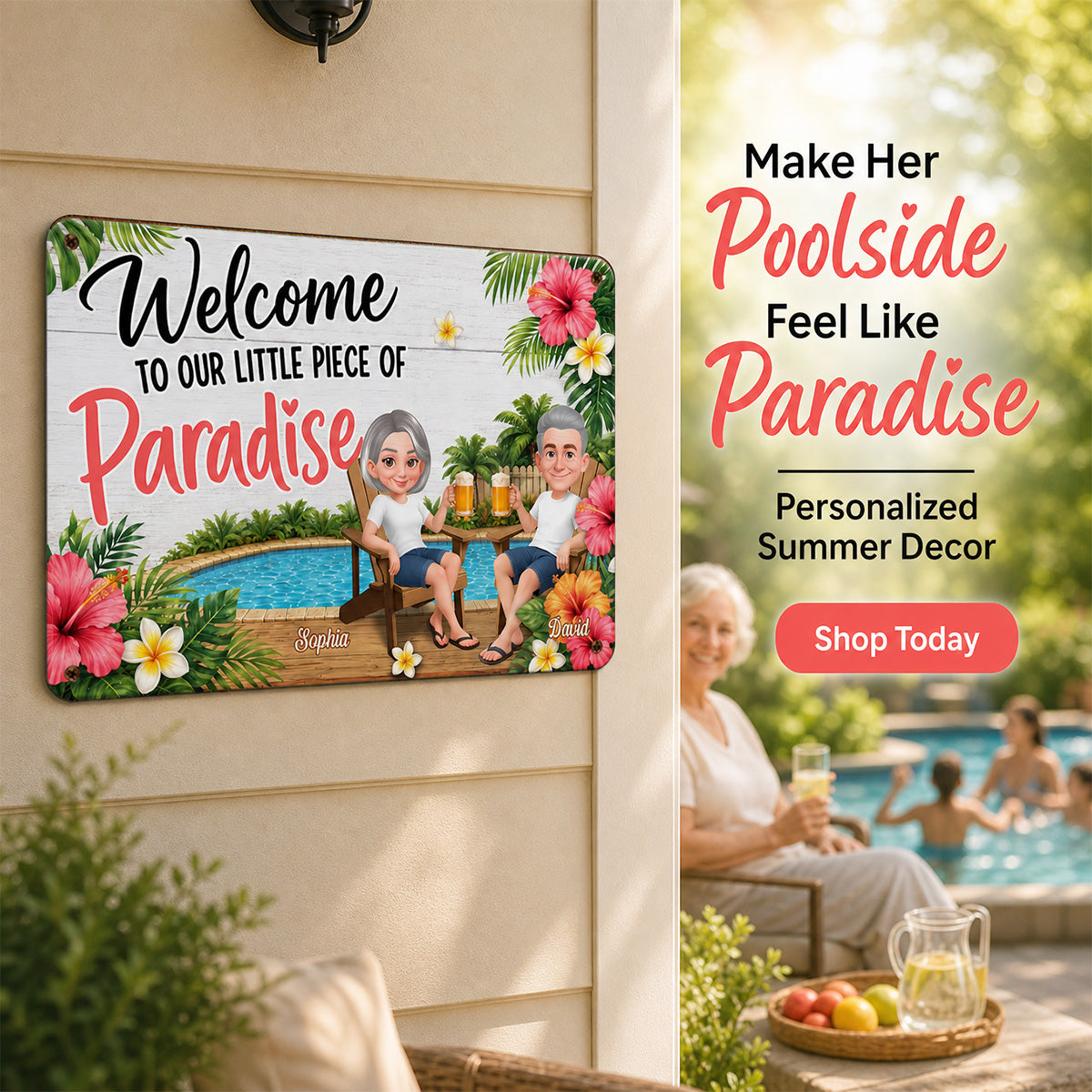 Welcome To Our Little Piece Of Paradise - Personalized Metal Sign - Outdoor Pool Fun Wall Decoration