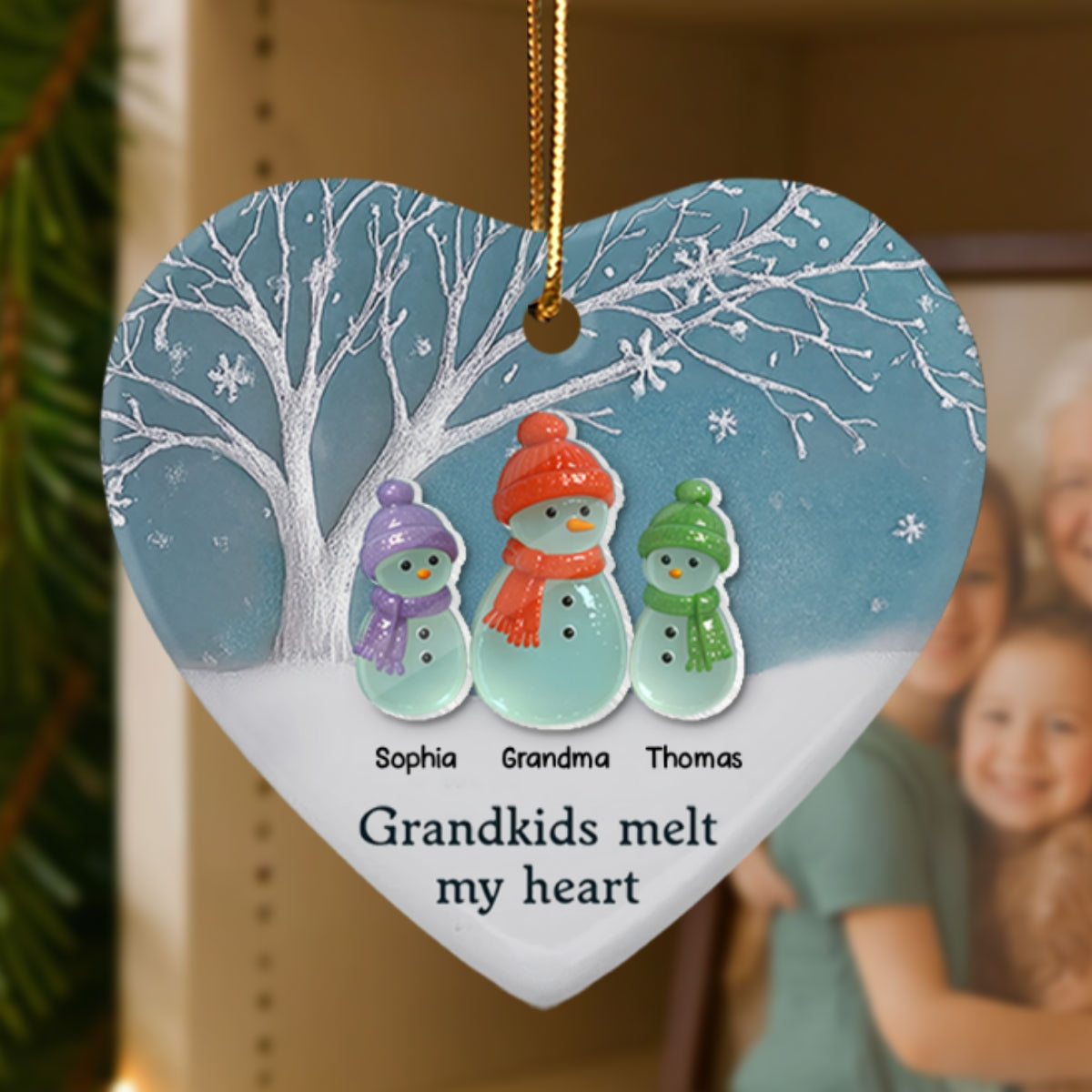 3D Sea Glass Effect Snowman Grandma & Grandkids - Personalized Ceramic Ornament With Acrylic Pieces - Christmas Gift For Grandchildren, Grandma