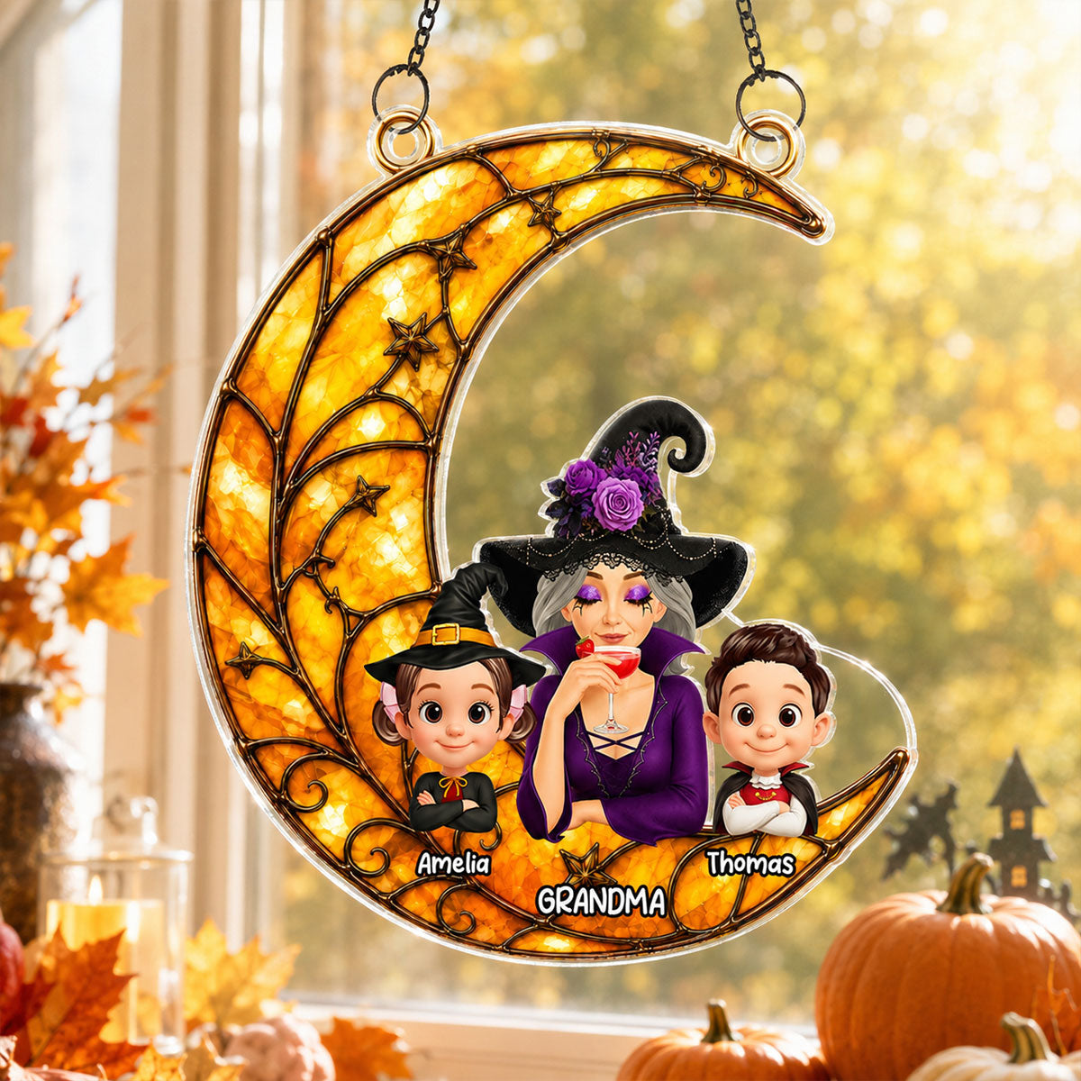 Halloween Moon Grandma Witch Grandkids - Personalized Acrylic Window Hanging - Halloween Gift For Grandma