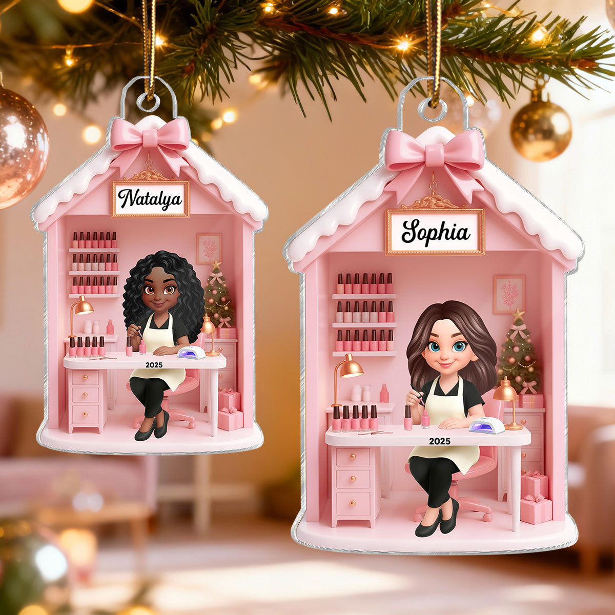3D Effect Christmas Nail Technician In Salon - Personalized Acrylic Ornament - Gift For Nail Technician, Nails Decor, Beauty Salon, Woman, Girl