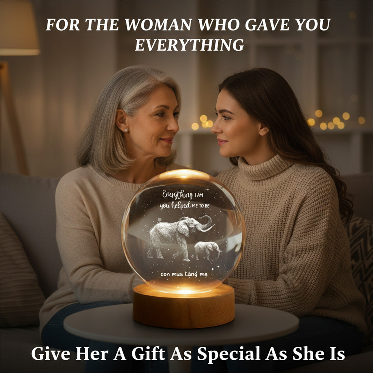 Everything I Am You Helped Me To Be Elephant - Personalized Crystal Ball LED Night Light - Birthday, Mother's Day Gift For Mom