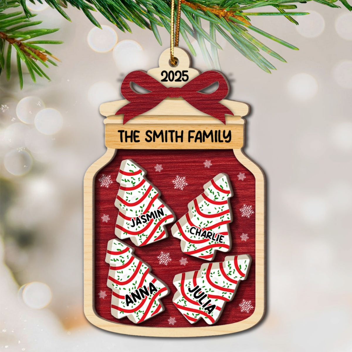 3D Effect Festive Christmas Family Mason Jar Christmas Tree Cakes - Personalized 2-Layered Wooden Ornament
