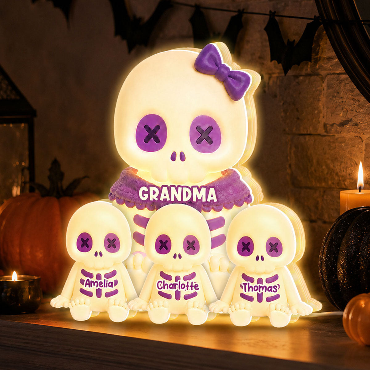 Cute Skeleton Grandma Grandkids Fall Halloween Decor - Personalized Light Box - Gift For Grandmas