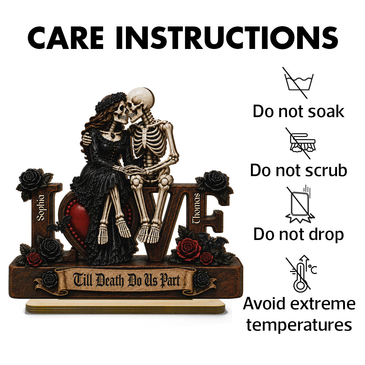Skeleton Couple Eternal LOVE 2D Flat - Personalized 2-Layered Wooden Plaque - Halloween Decor For Couple