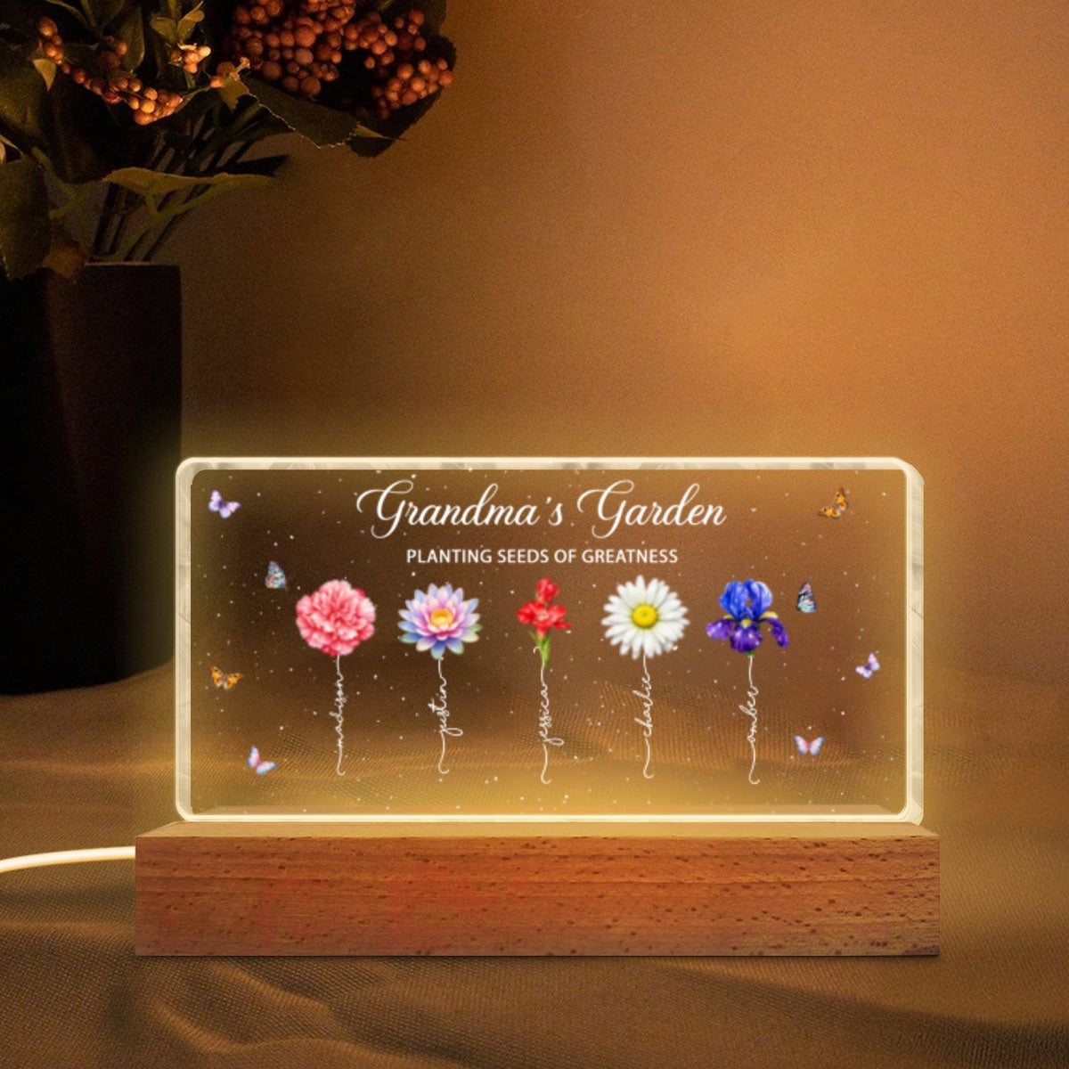 Grandma's Garden Planting Seeds of Greatness - Personalized Acrylic Block LED Night Light - Sentimental Gift for Grandma