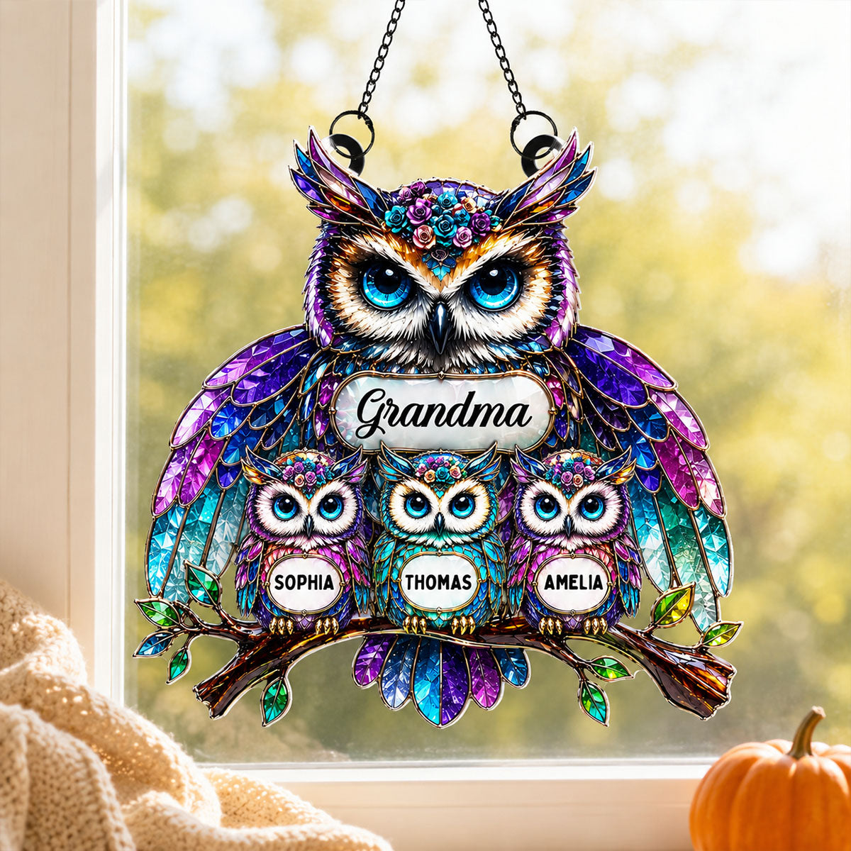 Grandma Owl - Personalized Window Hanging Decor - Halloween Decor for Grandma