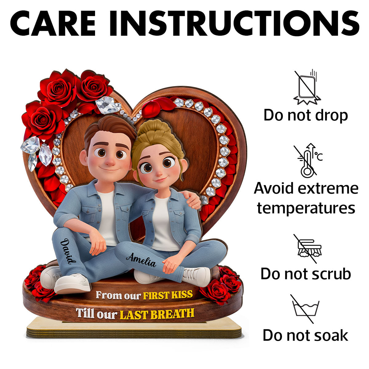 Couple Sitting Rose Heart - Personalized 2-Layered Wooden Plaque - Heartfelt Valentine's Day Gift for Her, for Him