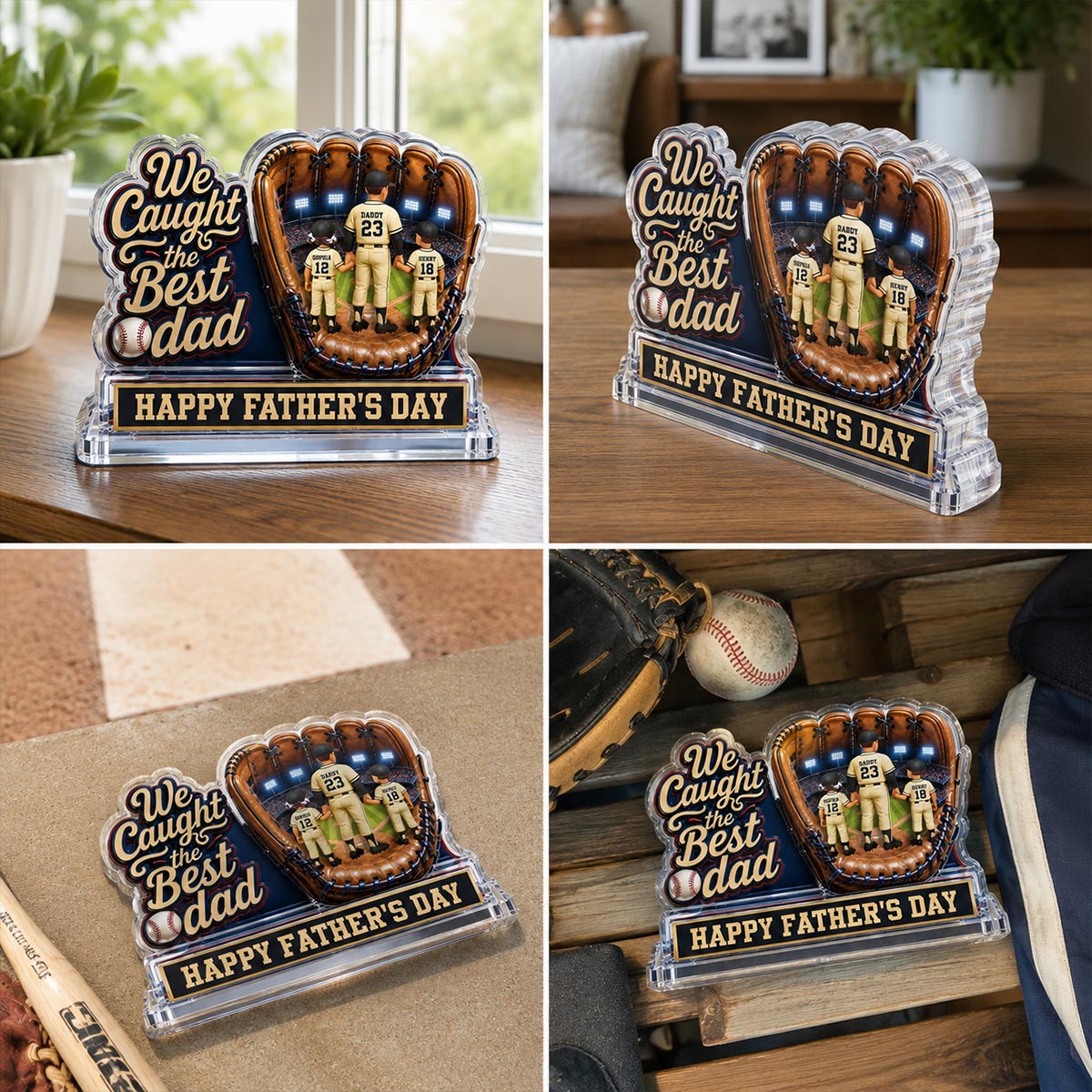 We Caught The Best Dad Dad & Kids In Glove 2D Flat - Personalized Acrylic Block Plaque - Happy For Baseball Dad