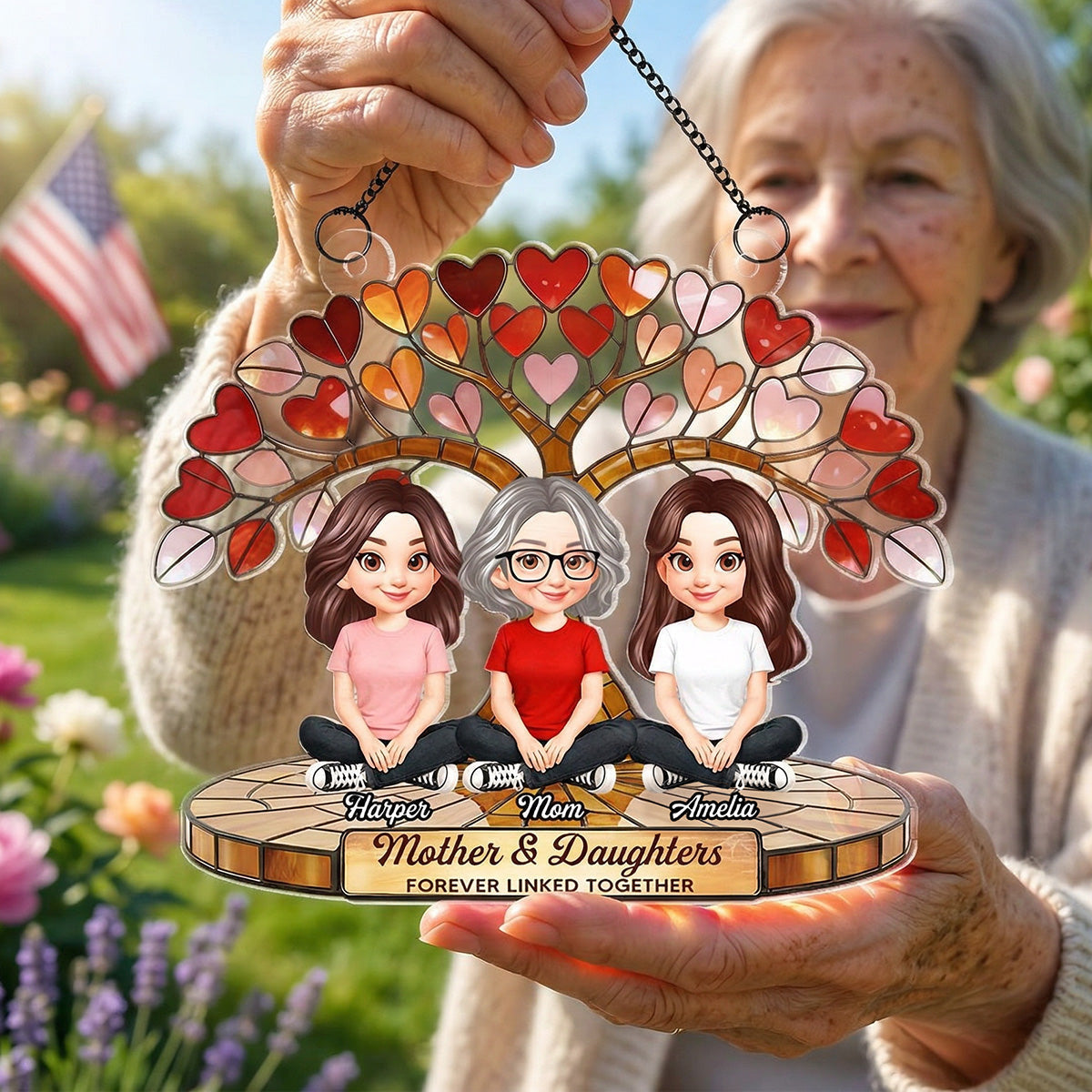 Mom And Son Daughter Under Heart Tree Forever Linked Together - Personalized Suncatcher Ornament - Gift For Mom