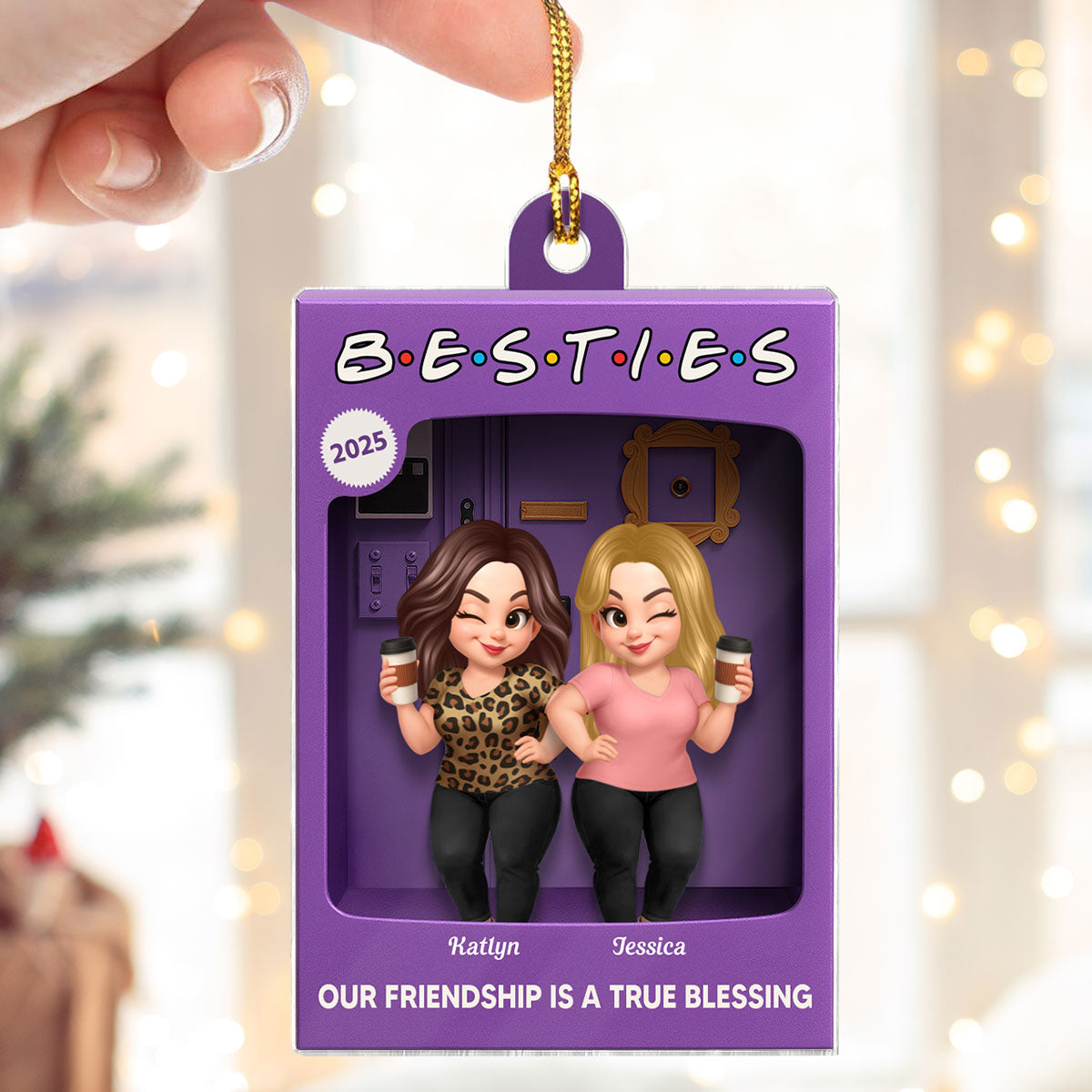 Man Woman Best Friends Purple 3D Effect Toy Box Style - Personalized Acrylic Ornament - Christmas Gift For Friends