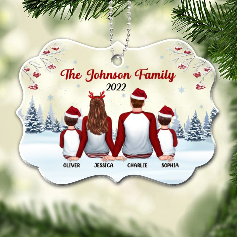 Pajamas Family Sitting In Snow Personalized Acrylic Ornament