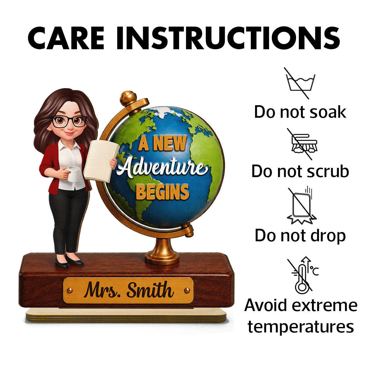 Teacher Globe New Adventure 2D Flat - Personalized Wooden Plaque - Back To School Gift