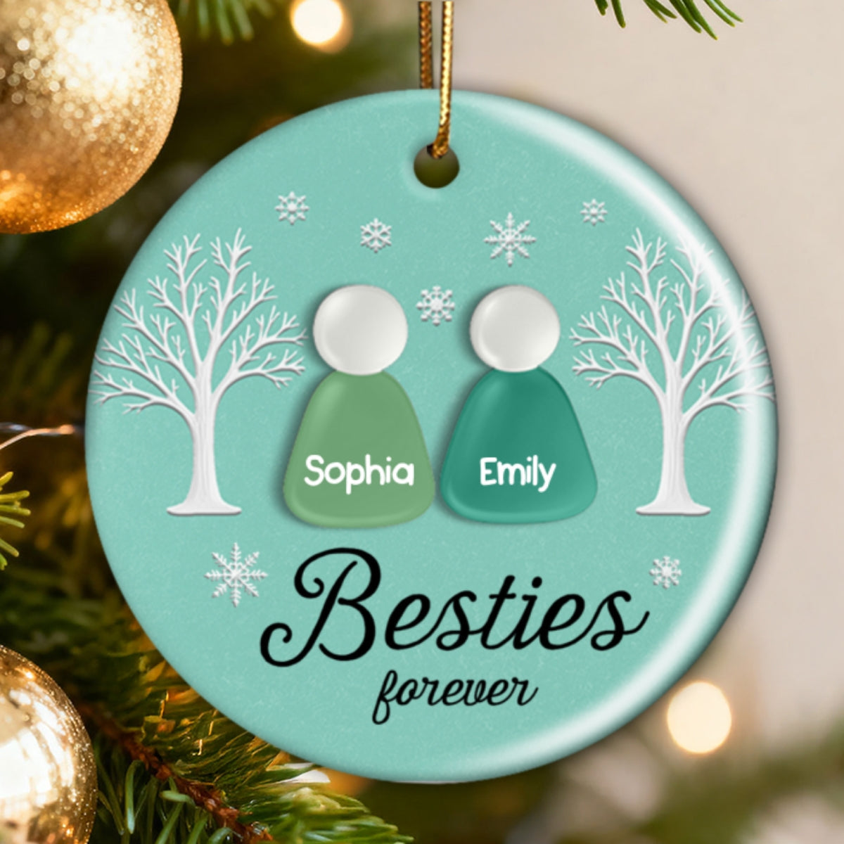 3D Teal Sea Glass Effect Christmas Besties Forever - Personalized Ceramic Ornament With Acrylic Pieces