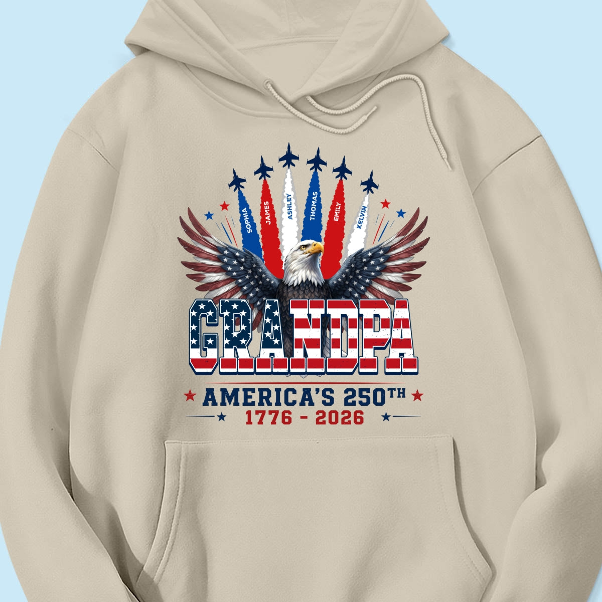 Proud Grandpa Dad Bald Eagle Jets Smoke Custom Kid Name - Personalized Shirt - American 250th Anniversary Keepsake For Husband, Dad, Grandpa