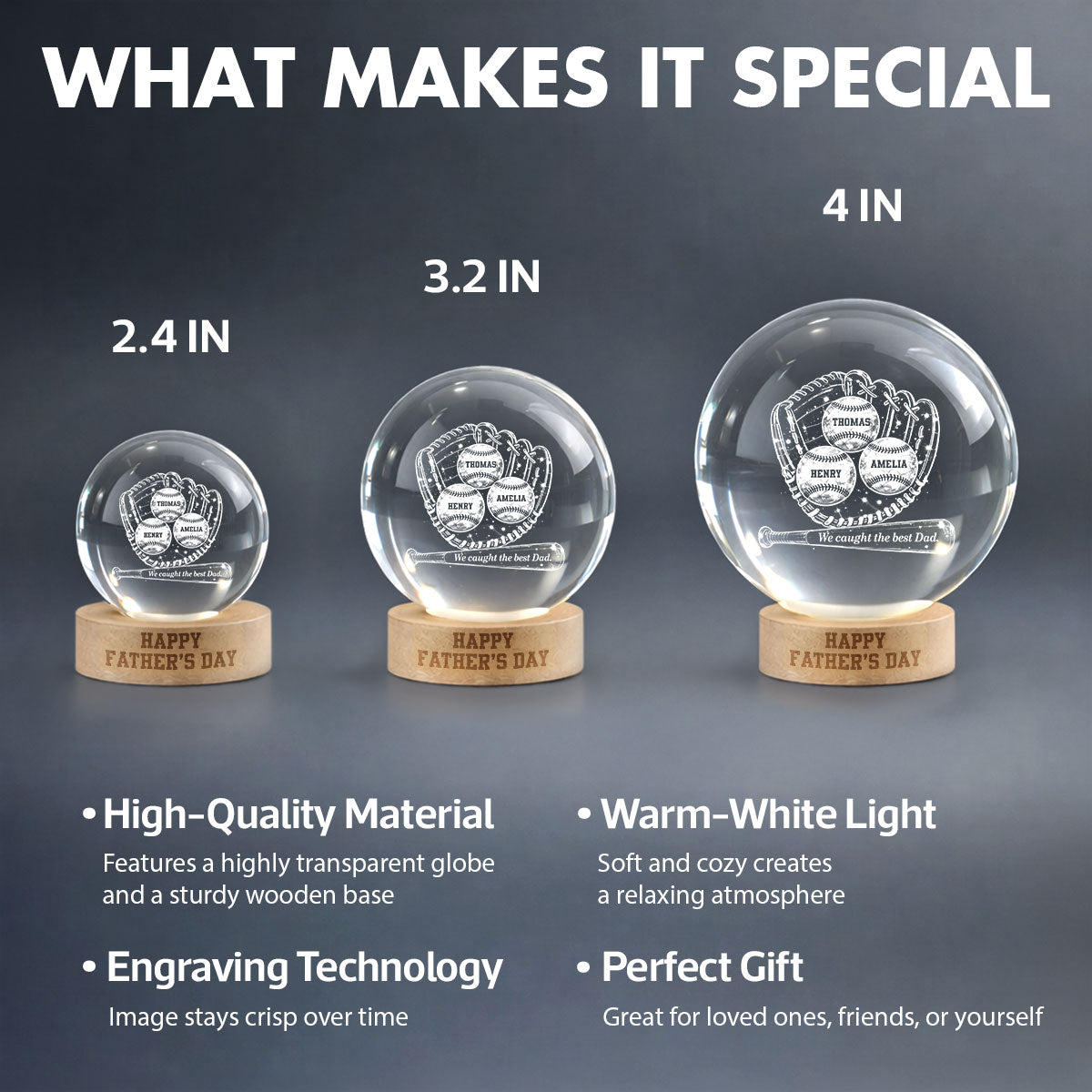 Happy Baseball Dad - Personalized Crystal Ball LED Night Light - Gift for Dad, Husband