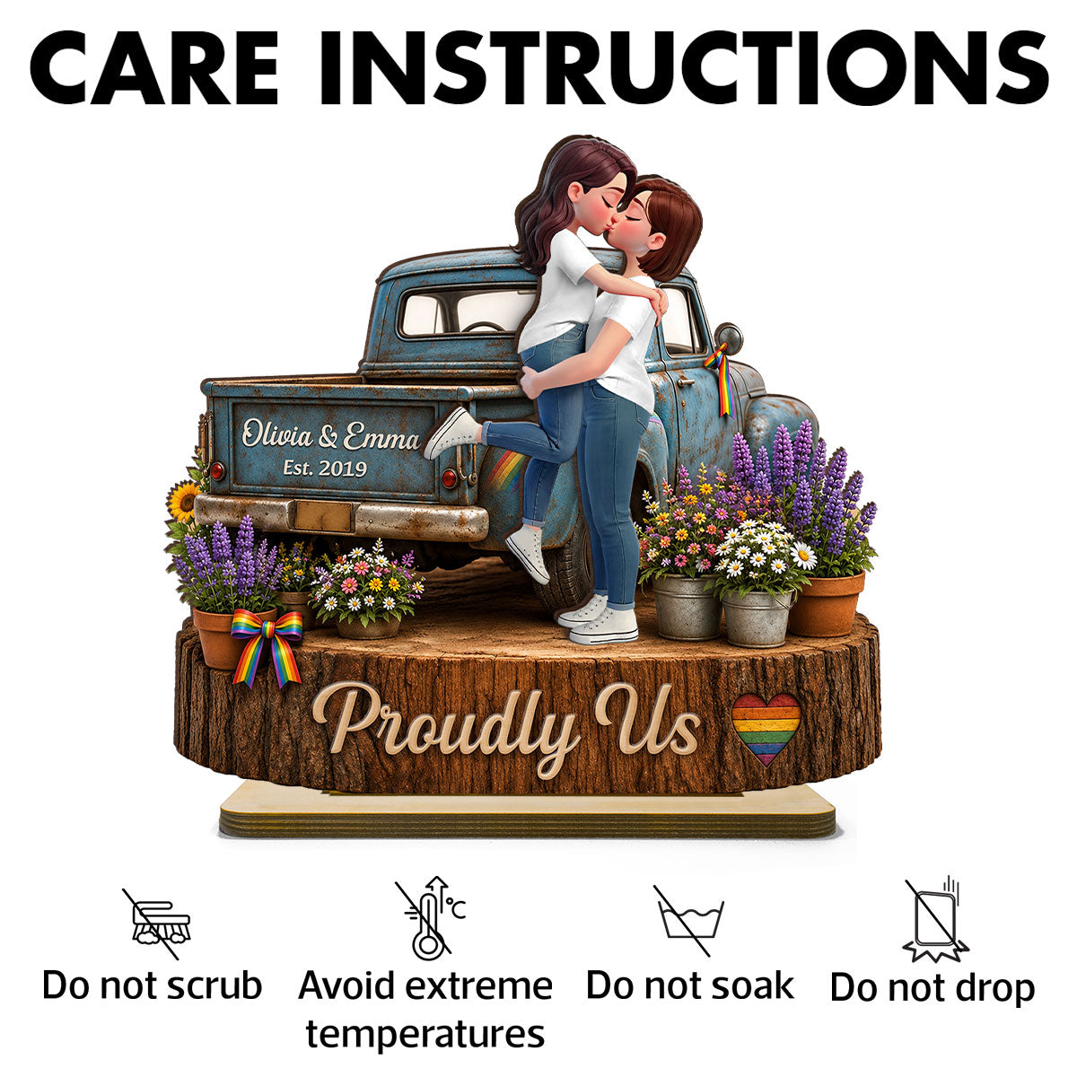 LGBT Couple Pickup Truck Proudly Us - Personalized 2-Layered Wooden Plaque - Gift For Couple, Happy Pride Month