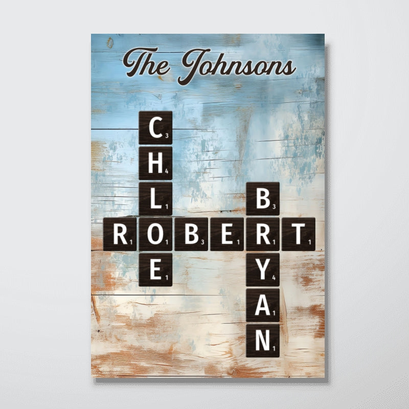 Family Crossword Puzzle Blue Rustic Wood Palette - Personalized Poster - Wall Art Home Decor