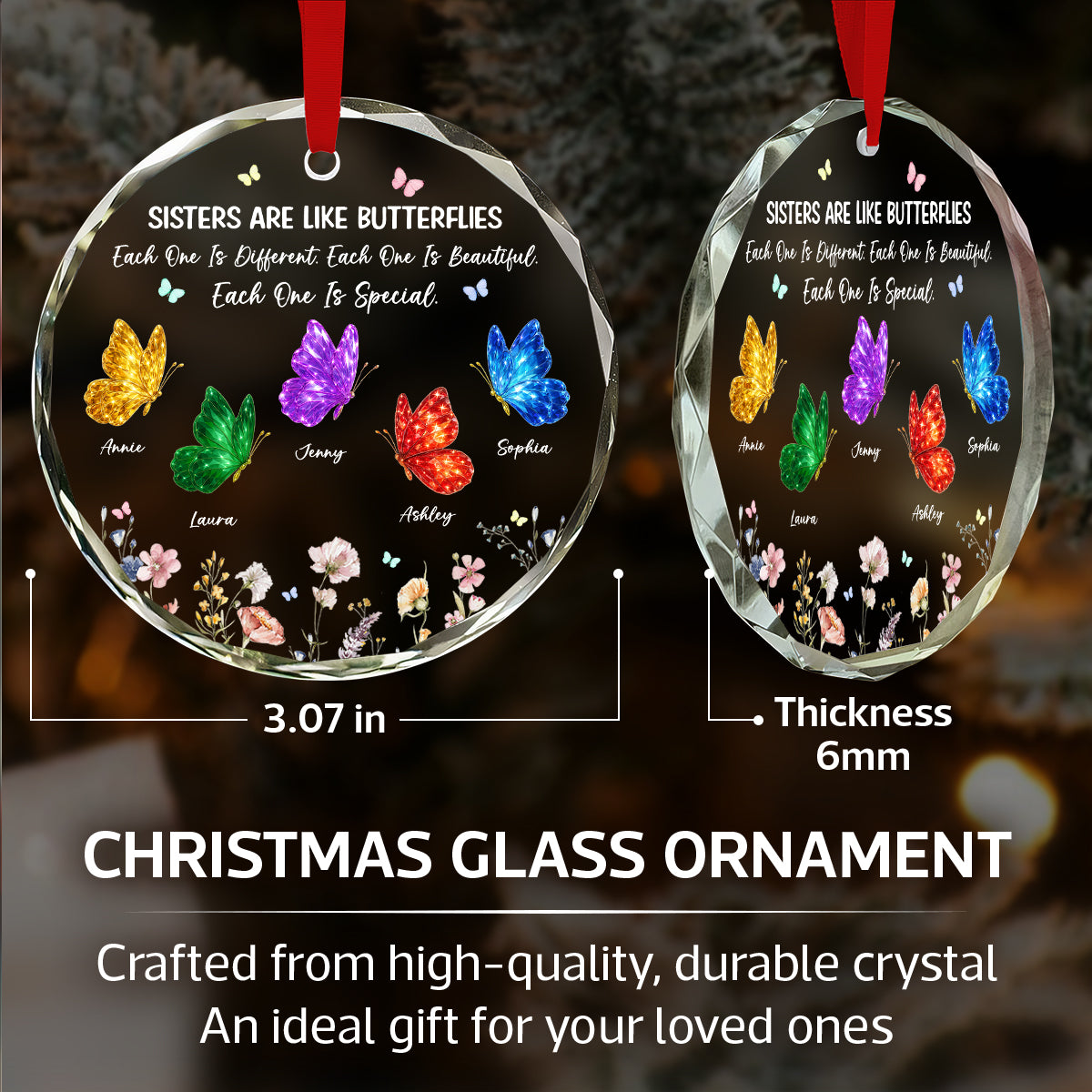 Sisters Are Like Different Butterflies - Personalized Glass Ornament - Heartwarming Christmas Gift For Sisters, Besties
