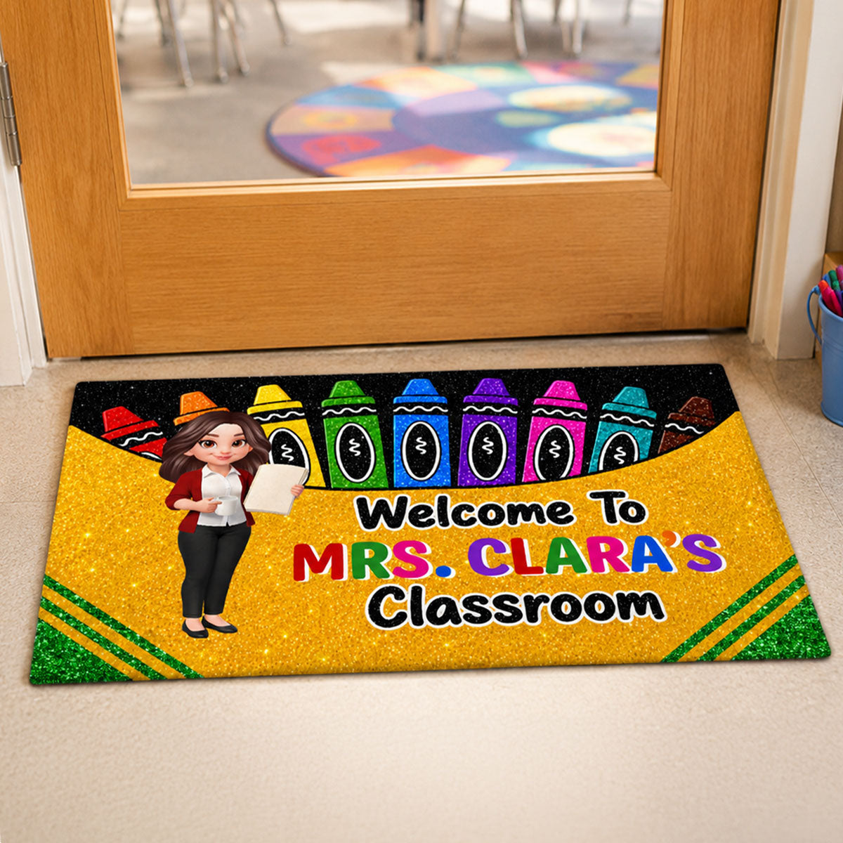Teacher Happy Crayon Box Welcome To Classroom - Personalized Doormat - Back To School Gift For Teacher, Classroom Decor