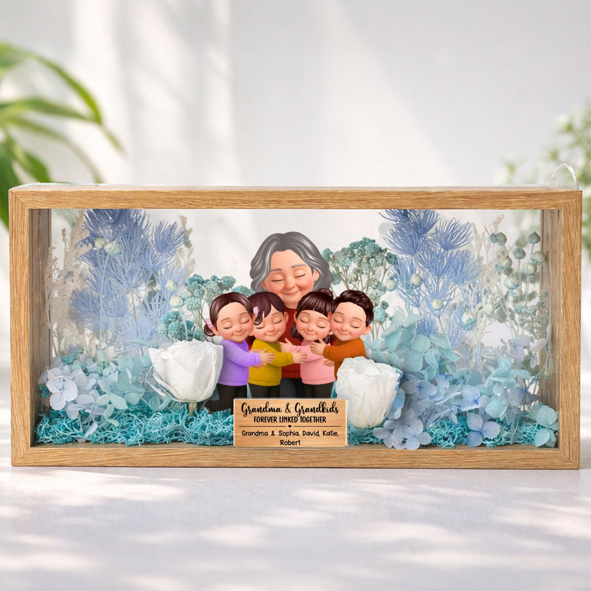 Grandma And Grandkids Forever Linked Together - Personalized DIY Flower Shadow Box LED Night Light - Gift For Grandma