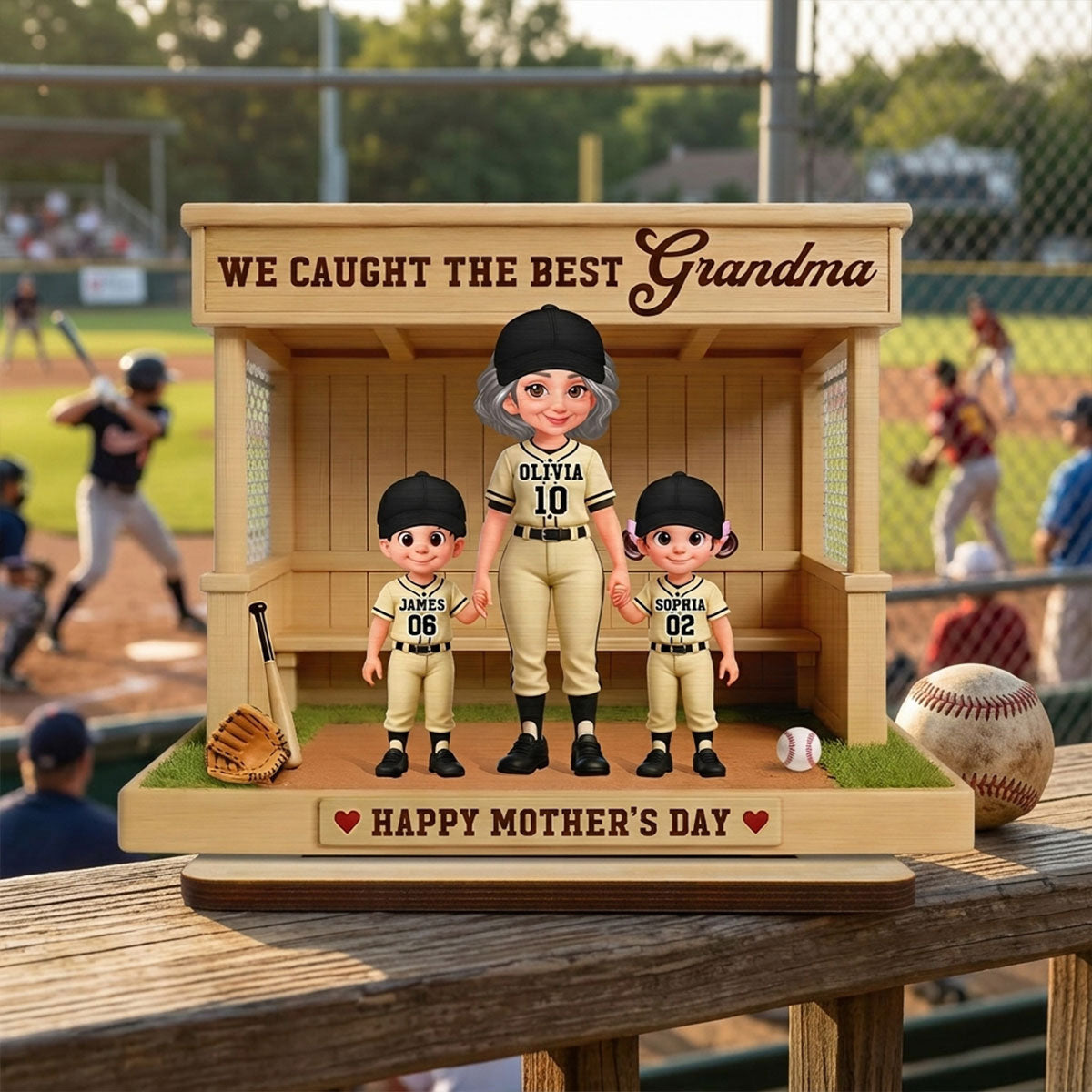 We Caught The Best Grandma Baseball Dugout - Personalized 2-Layered Wooden Plaque - Mother's Day Gift For Baseball Grandma, Mom
