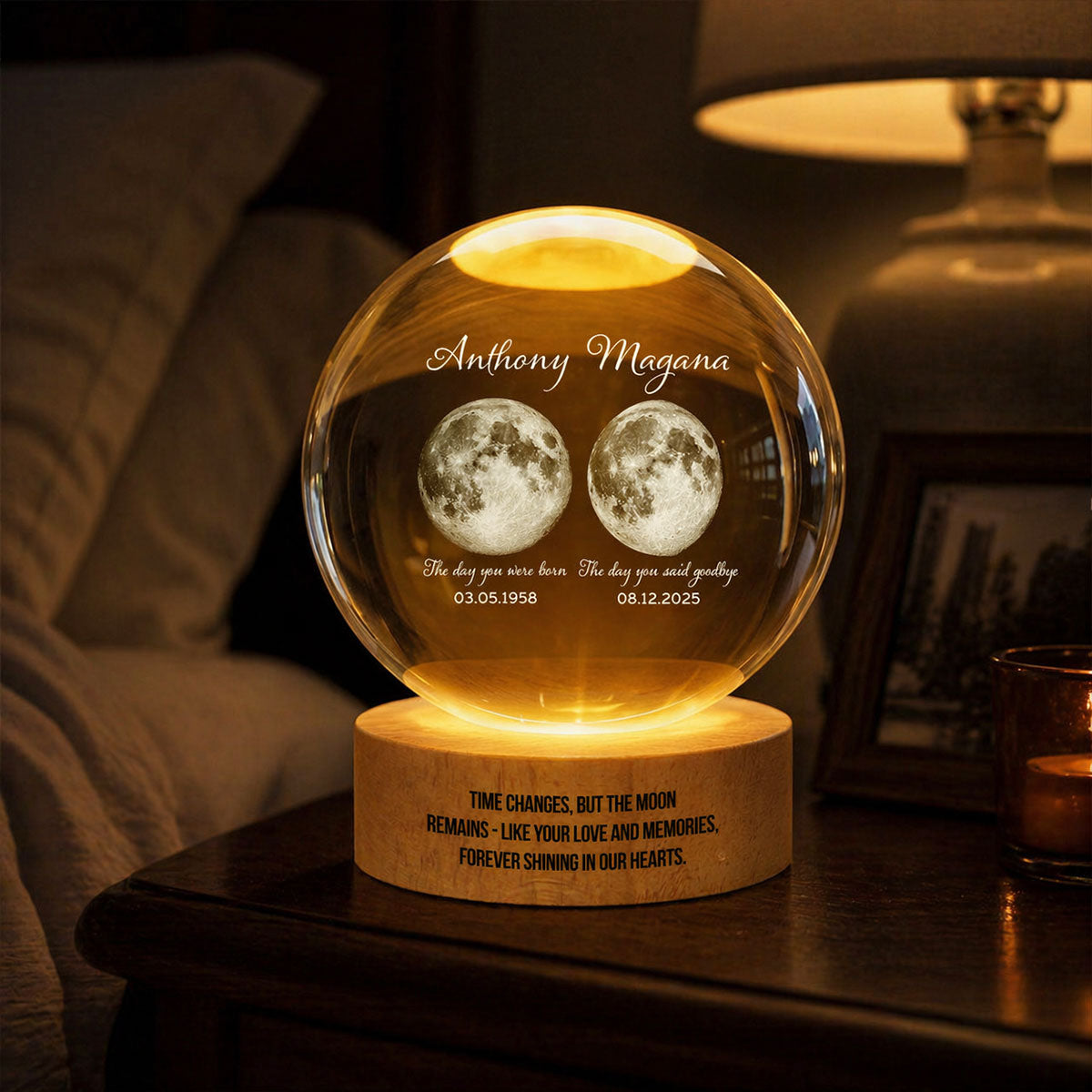 Lost Loved One Moon Phase Art - Personalized Crystal Ball LED Night Light - Memorial Keepsake Sympathy Gift