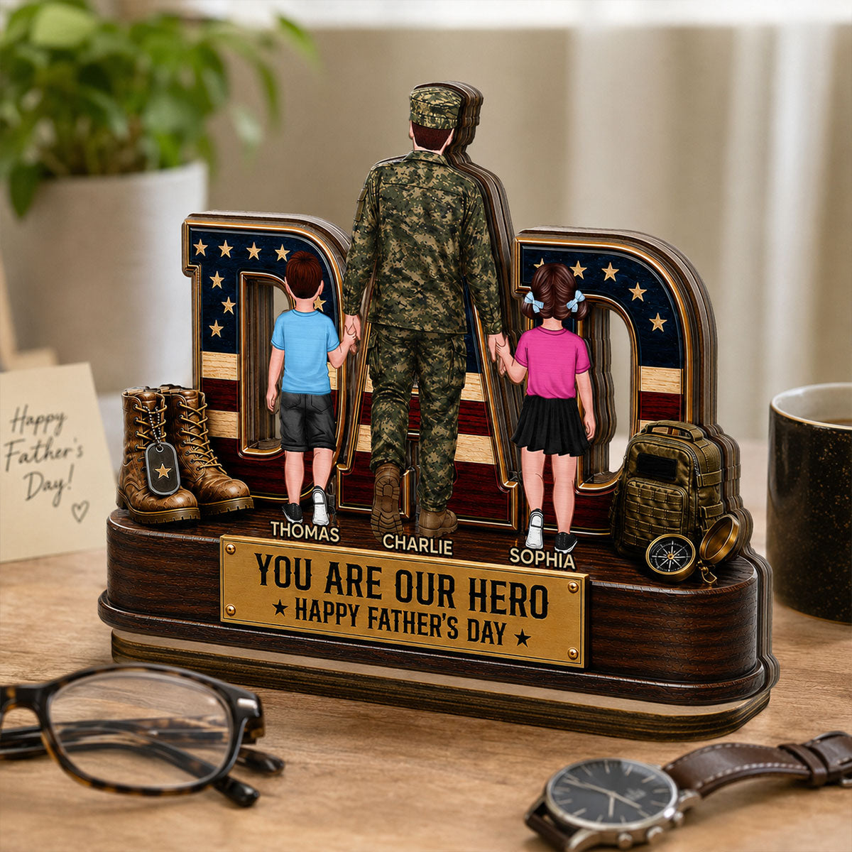 Nation Flag Military Dad You Are Our Hero - Personalized 2-Layered Wooden Plaque - Gift For Dad, Husband