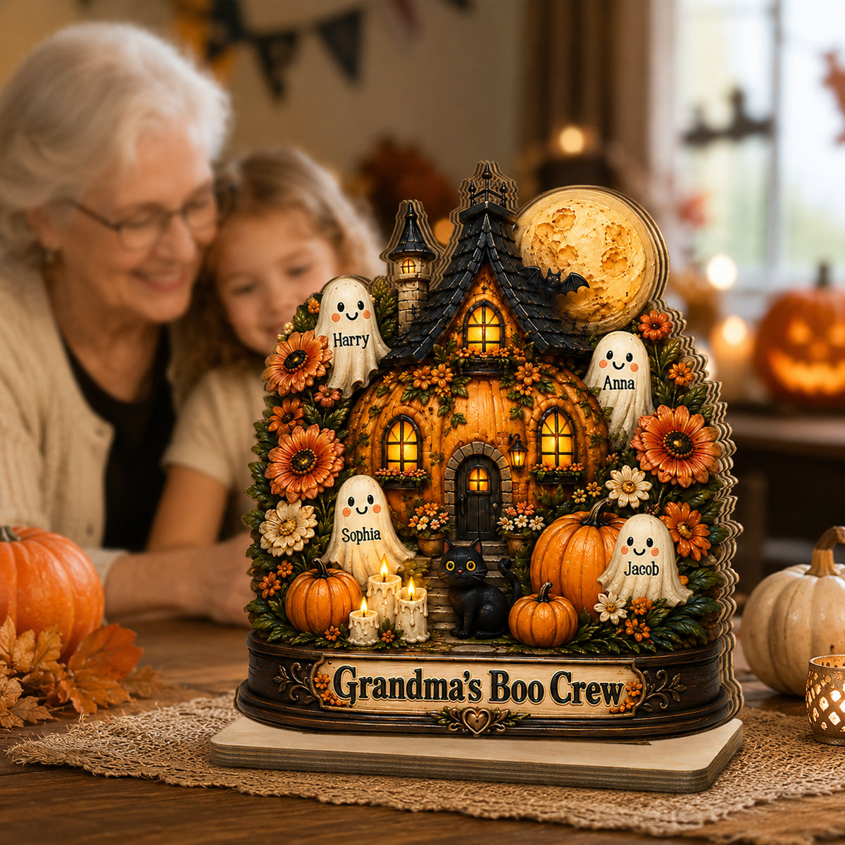 Pumpkin House Grandma's Boo Crew - Personalized 2-Layered Wooden Plaque - Halloween Decor Gift, Gift For Grandma