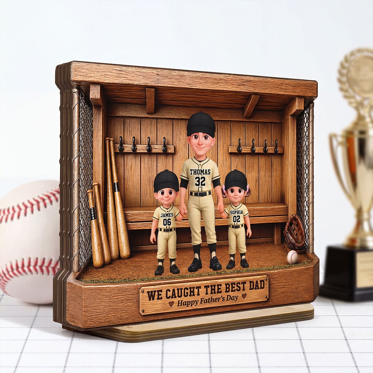 Baseball Dugout Dad And Kids We Caught The Best Dad - Personalized 2-Layered Wooden Plaque - Gift For Dad
