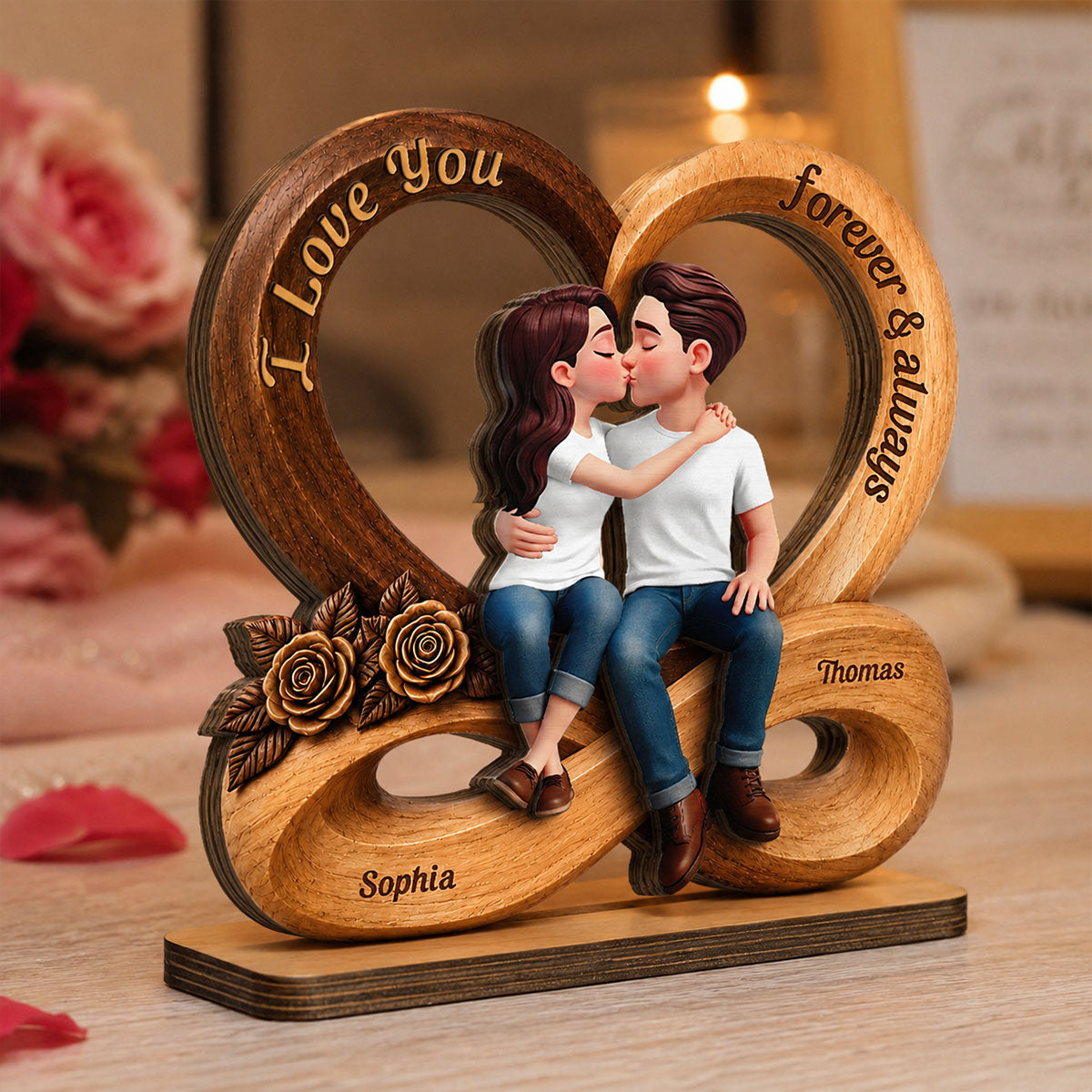 Couple Love You Forever & Always Infinity Heart - Personalized 2-Layered Wooden Plaque - Anniversary Gift For Couple, For Him, For Her