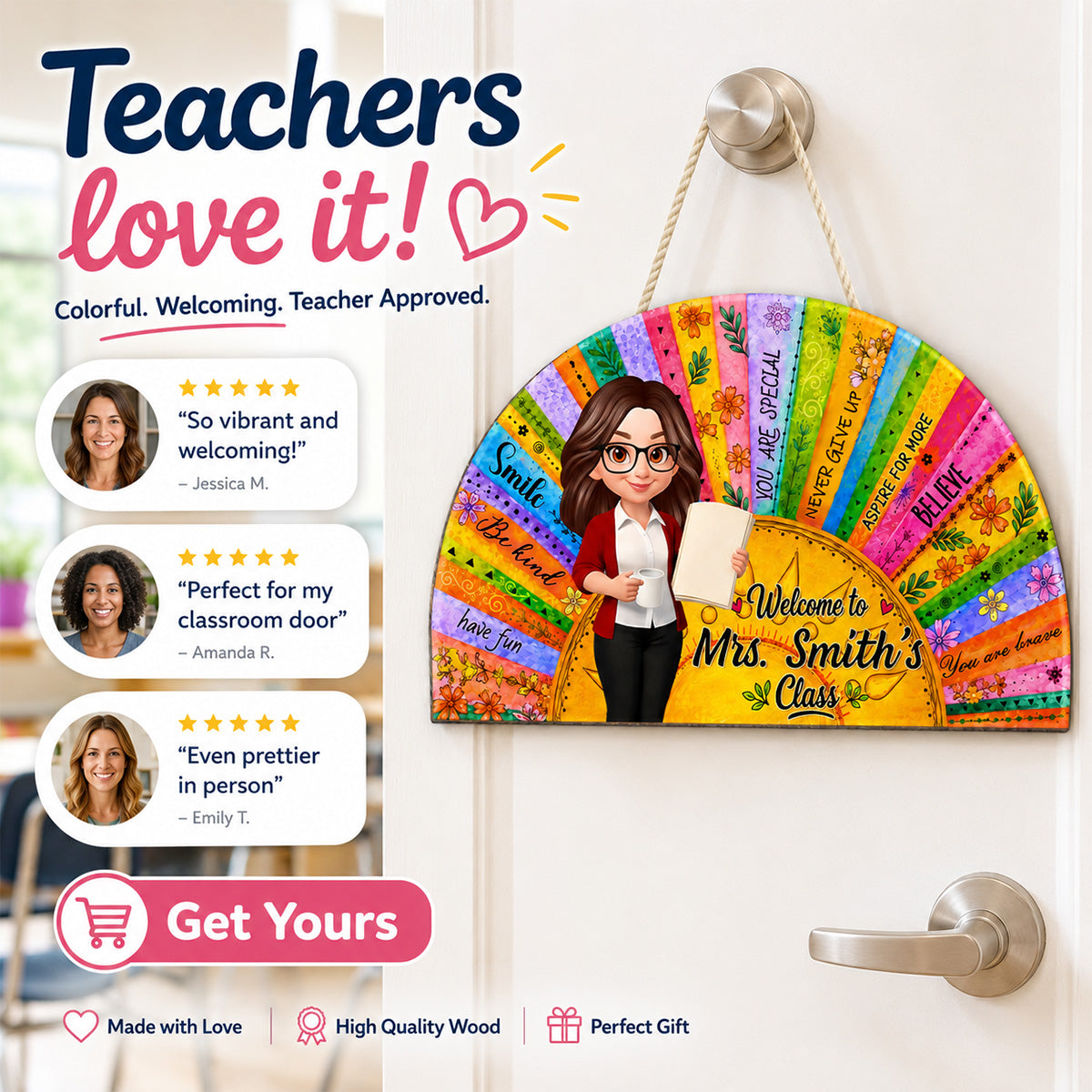 Welcome To Teacher Classroom Boho Sun Colorful Message - Personalized Door Hanger Sign - Back To School Gift For Teacher