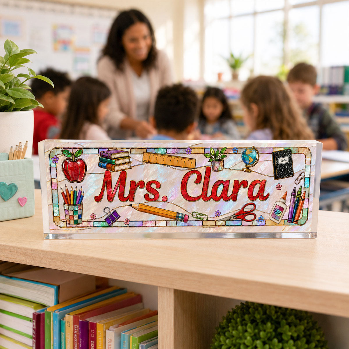 Teacher Name Faux Stained Glass - Personalized Acrylic Desk Name Plate – Classroom Desk Decor