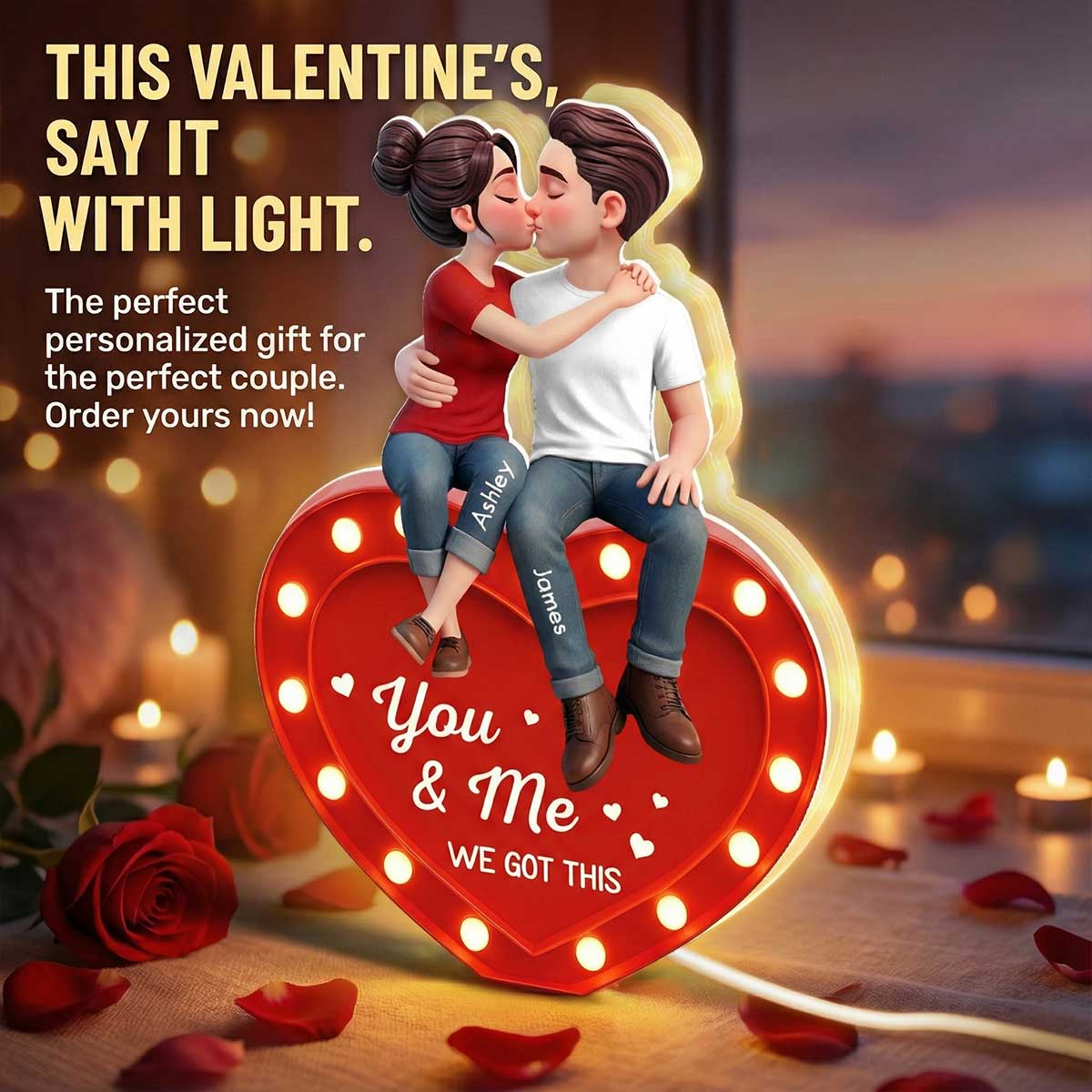 Everlasting Heart LOVE Couple Sitting Kissing - Personalized Light Box - Valentine's Day Gift For Couple, For Him, For Her
