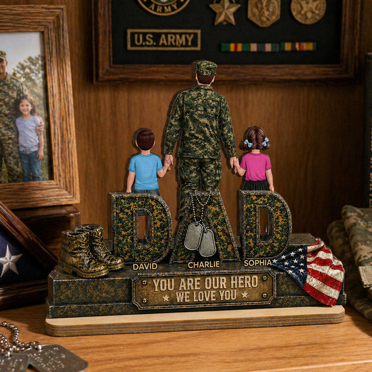 Army Dad You Are Our Hero - Personalized 2-Layered Wooden Plaque - Gift For Dad, Husband