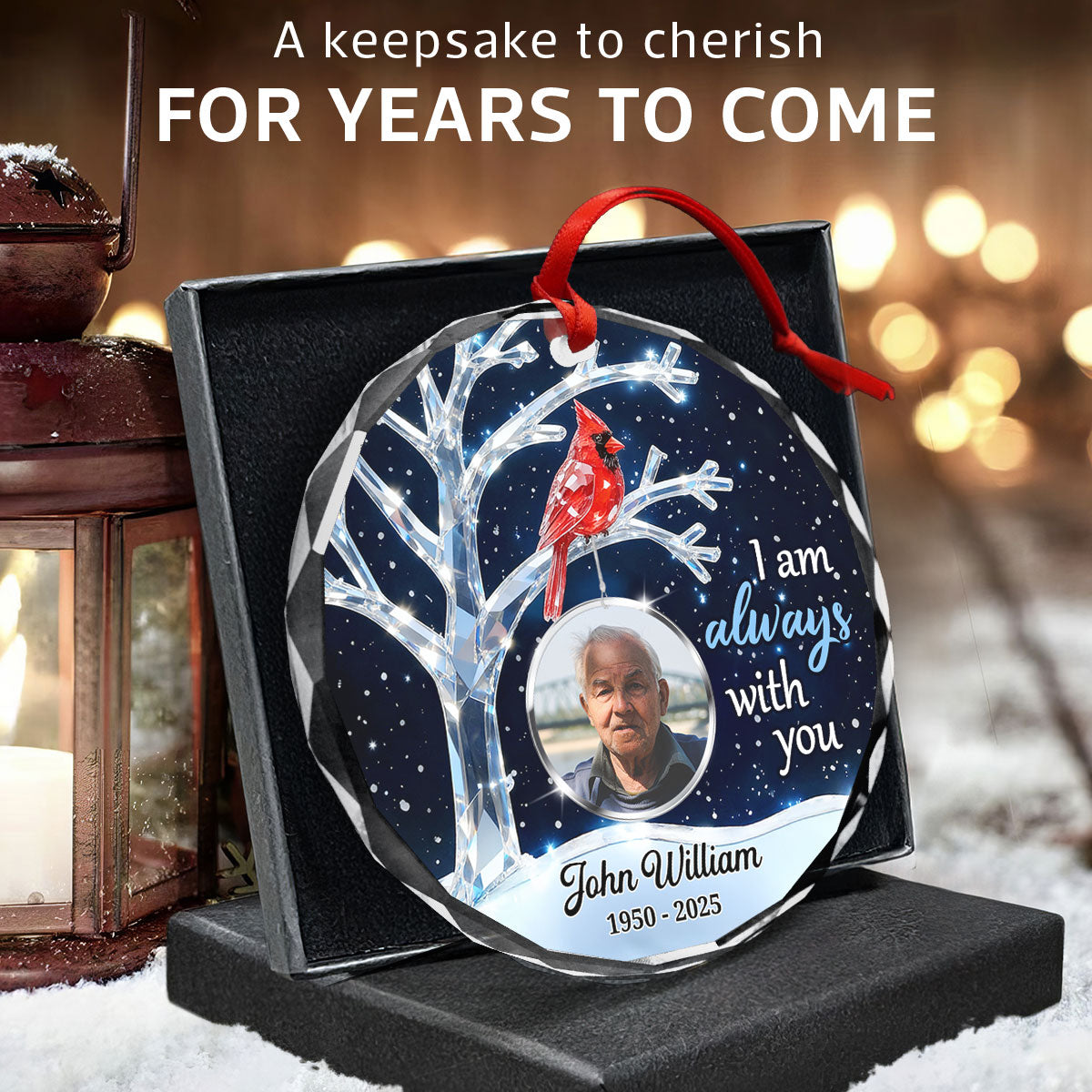 3D Crystal Effect Memorial Winter Tree Cardinals Upload Photo - Personalized Glass Ornament - Remembrance Gift, Sympathy Gift